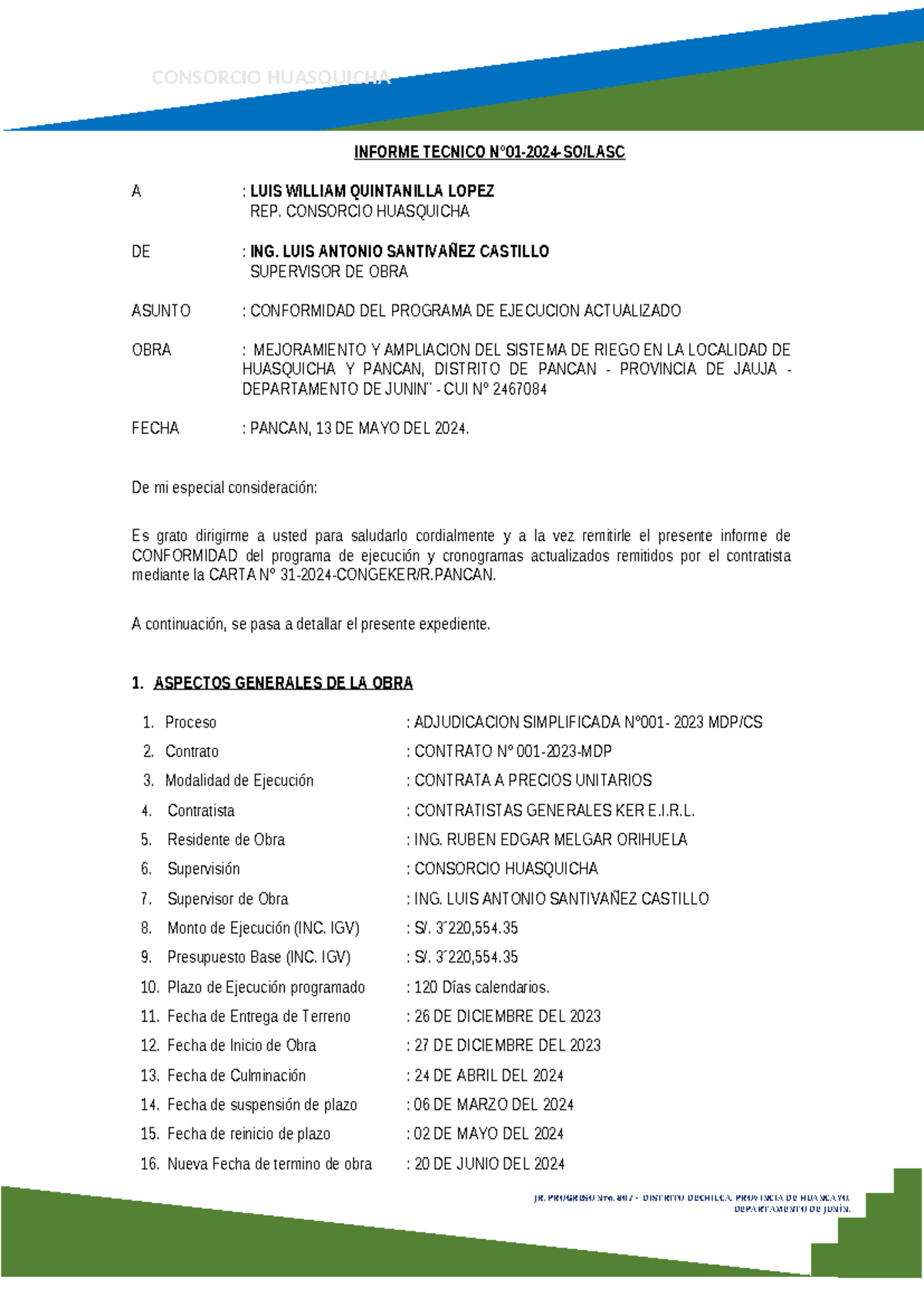 Informe Técnico N°01-2024-SO/LASC sobre Conformidad de Cronograma - Document Preview