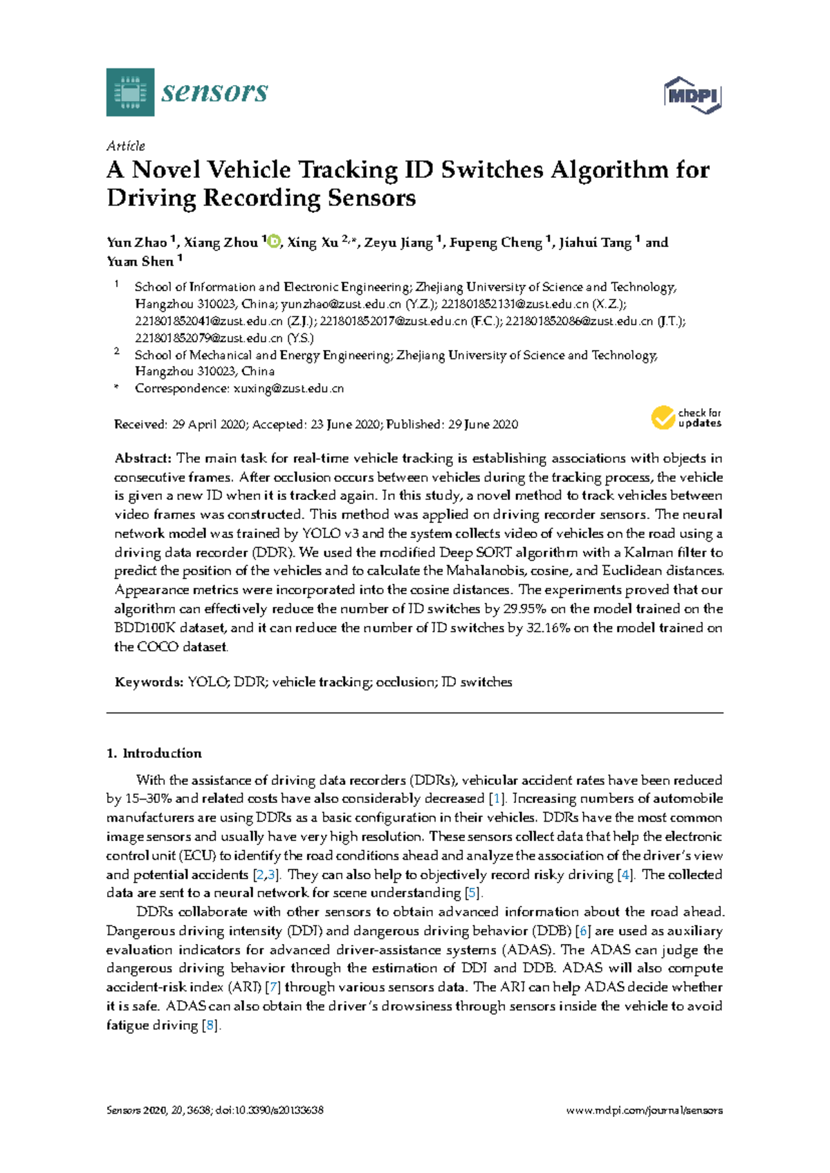 A Novel Vehicle Tracking Algorithm for DDR Sensors (Sensors 2020) - Studocu