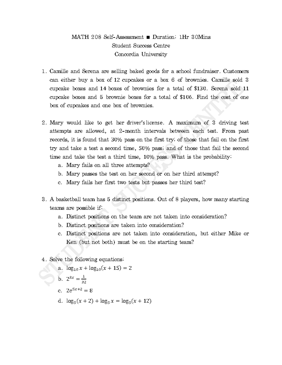 MATH 208 Self-Assessment: Problems and Solutions Guide - Studocu