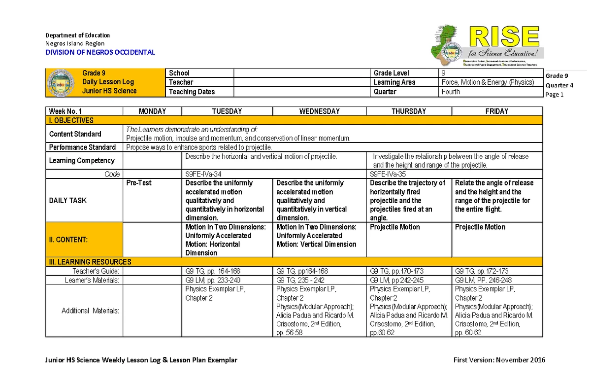 DLL 4th Quarter Module 1 (G9) - Science Daily Lesson Log on Motion ...