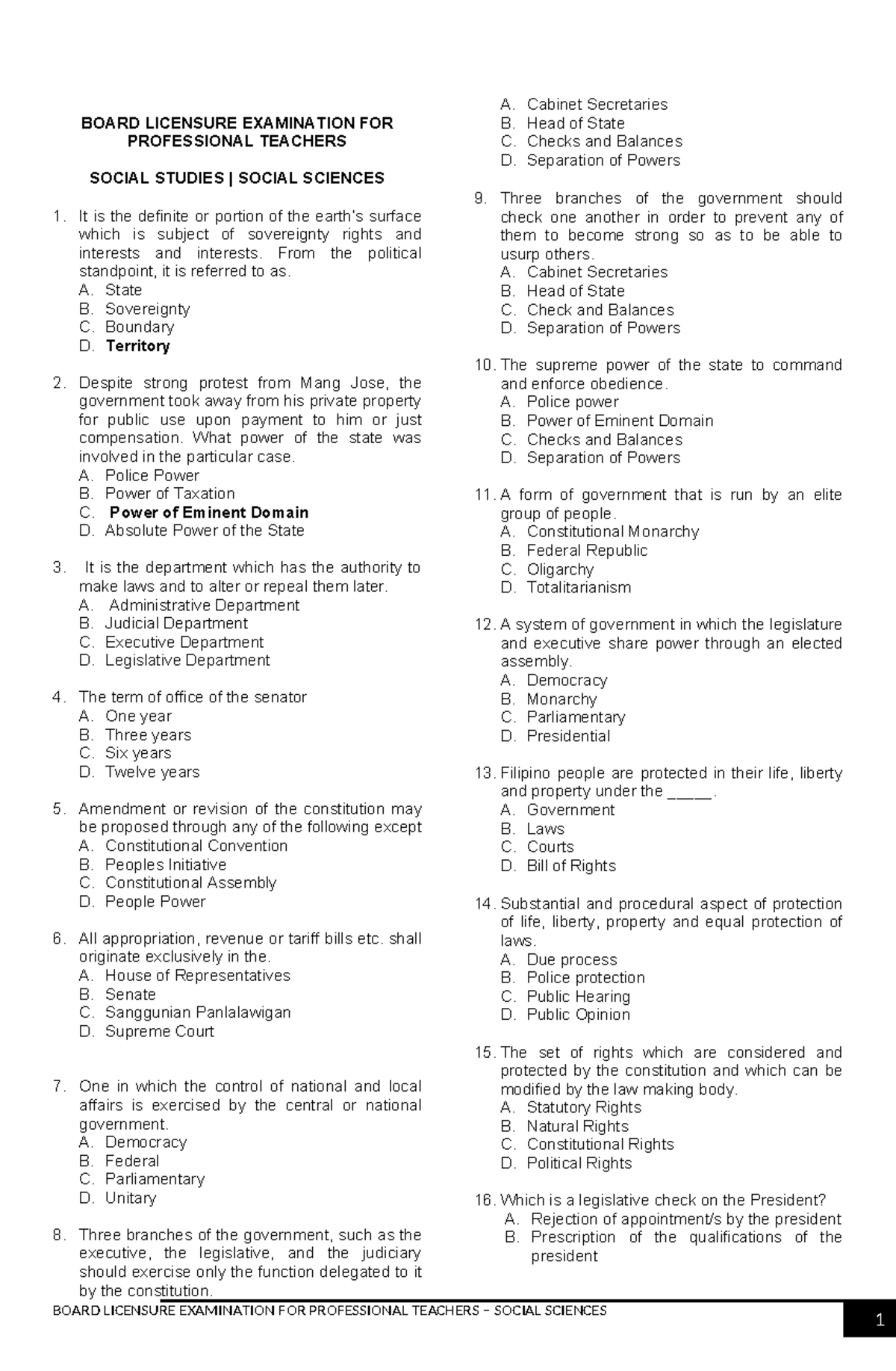 BOARD LICENSURE EXAMINATION FOR PROFESSIONAL TEACHERS: SOCIAL SCIENCES ...