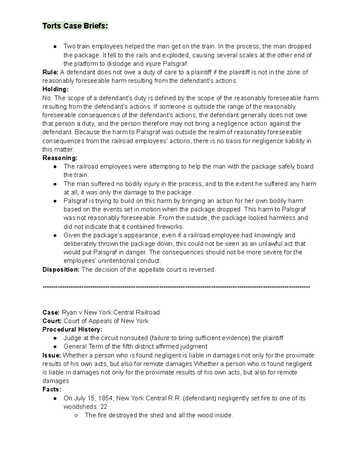 Torts Case Brief: Ryan v. New York Central R.R. Negligence Analysis ...