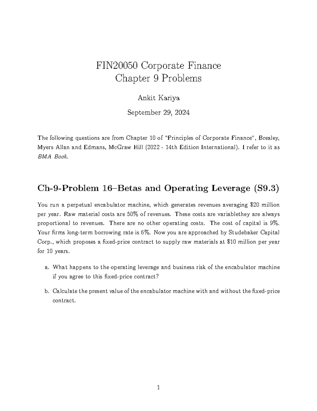 FIN20050 Corporate Finance Chapter 10 Problems Analysis - Studocu
