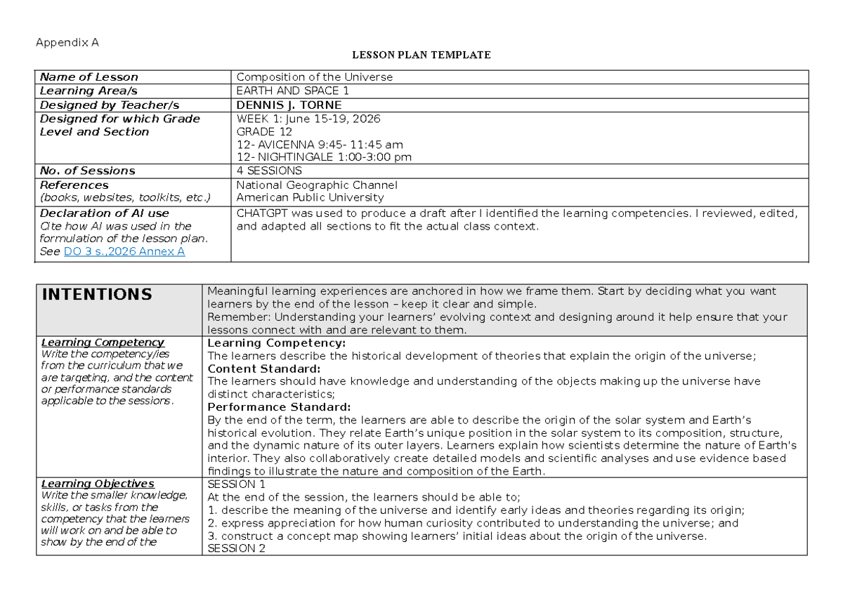 Grade 12 Earth and Space Lesson Plan Template (WEEK 1) - Studocu
