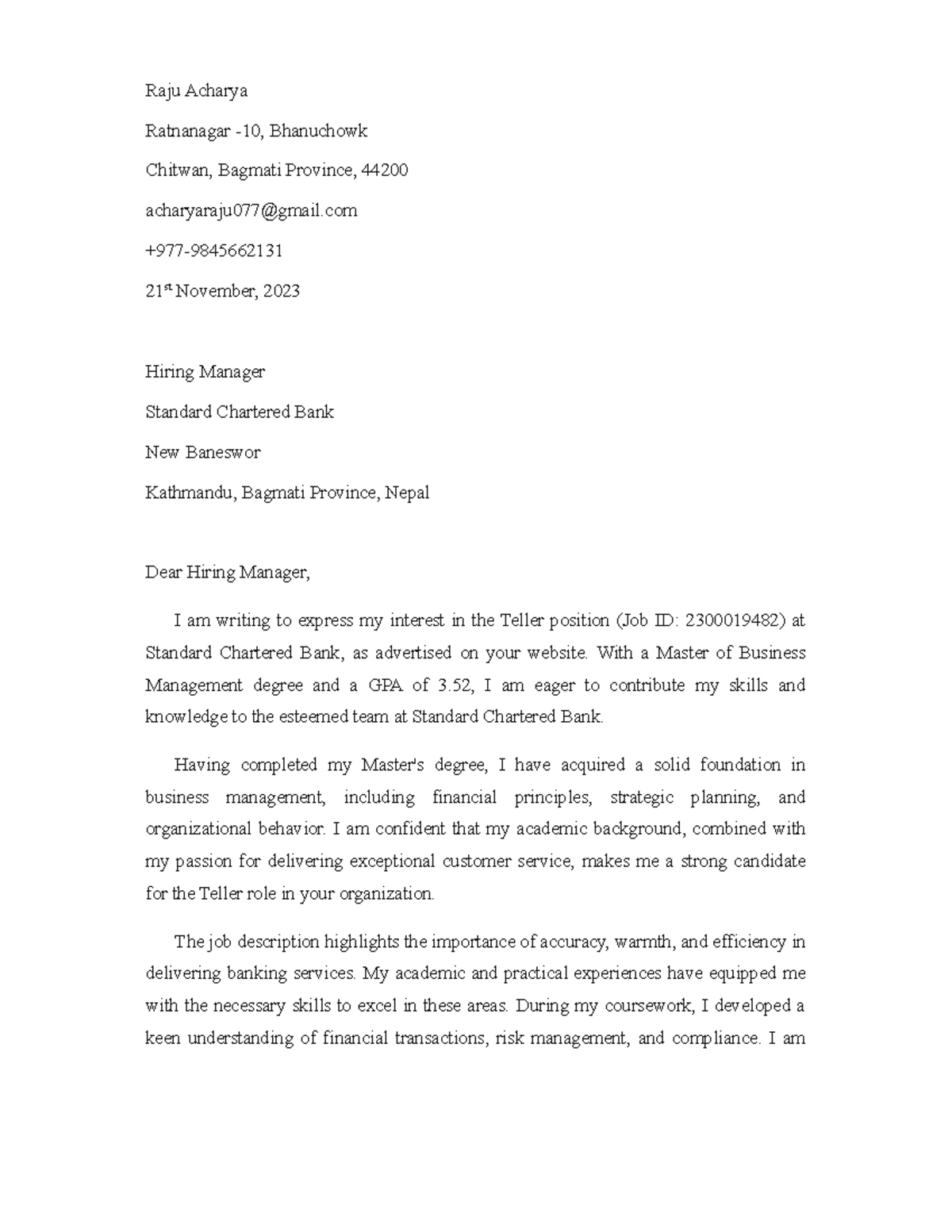 Cover Letter - Raju Acharya Ratnanagar -10, Bhanuchowk Chitwan, Bagmati ...