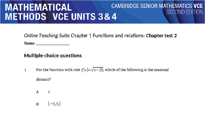 VCE MM34 Chapter 1 Functions and Relations: Test T2 - Studocu