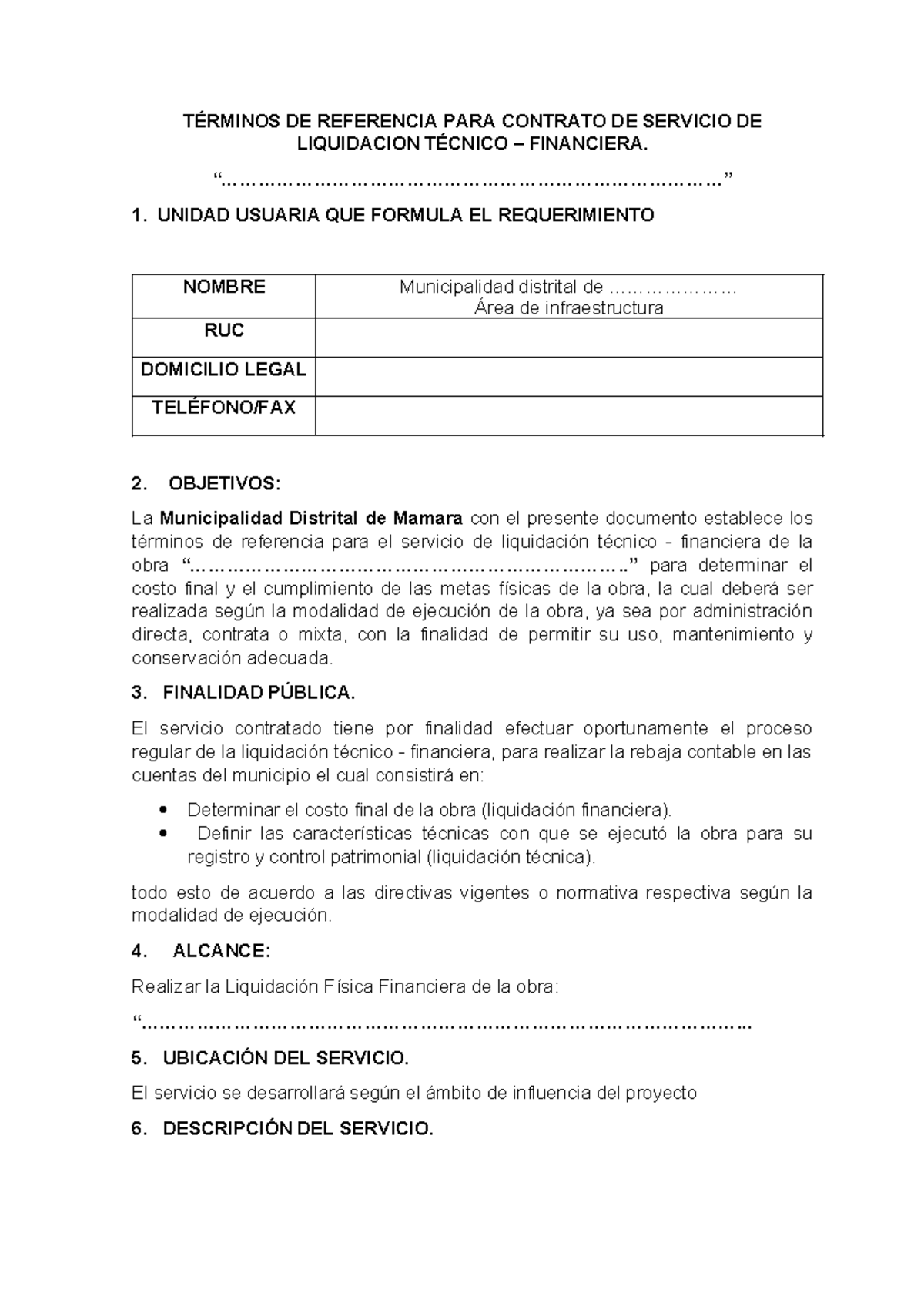 TDR- Servicio de Liquidación Técnico-Financiera de Obras Públicas - Document Preview