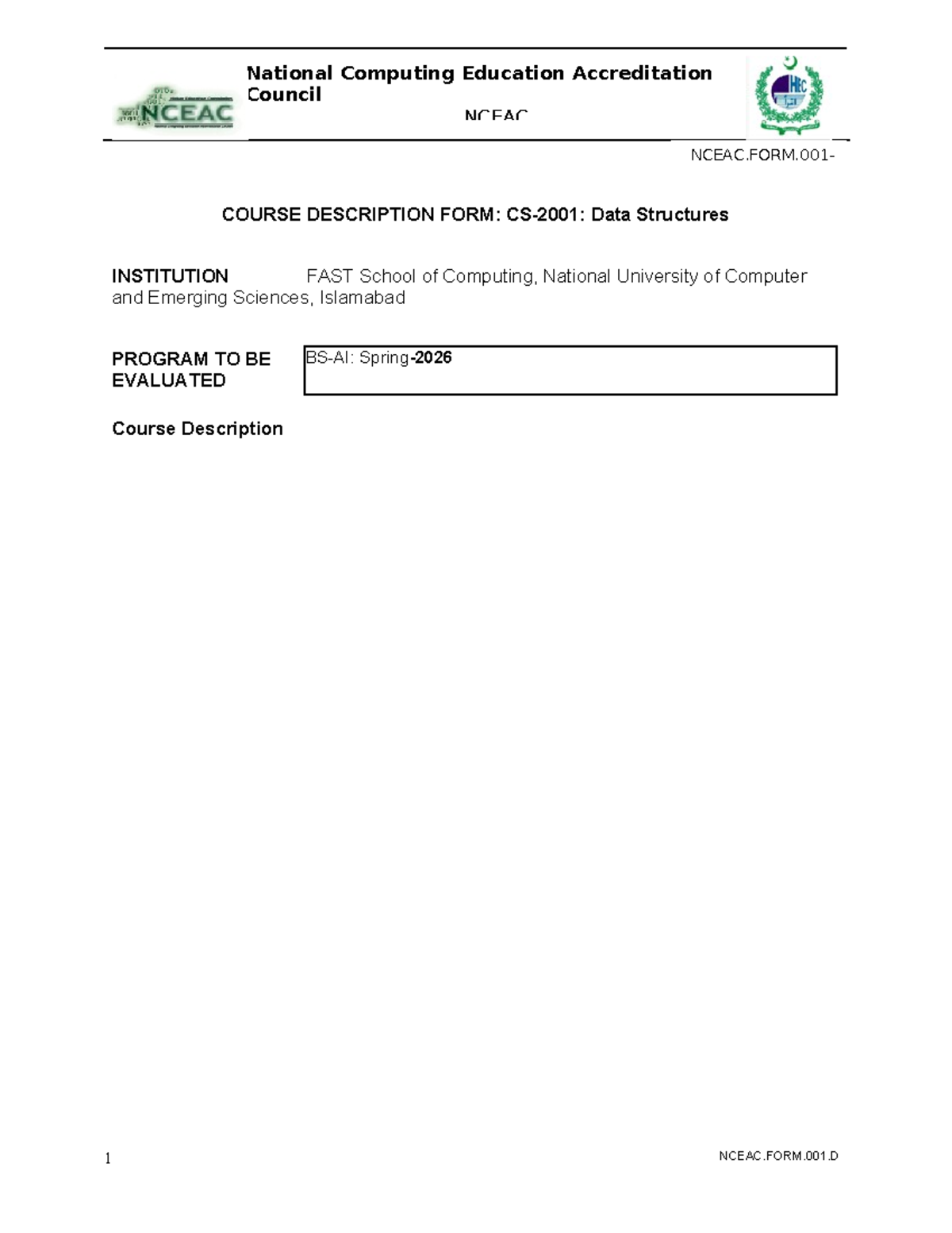 CS-2001 Data Structures Course Outline - BS AI Spring 2026 - Studocu