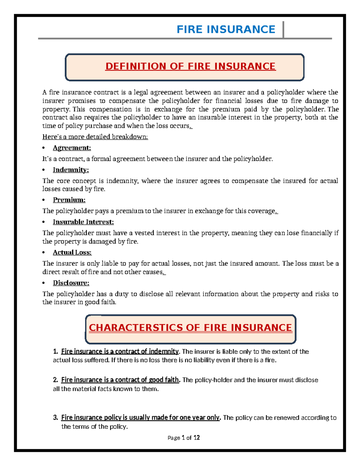 FIRE INSURANCE: Comprehensive Overview and Claim Process - LLB - Studocu