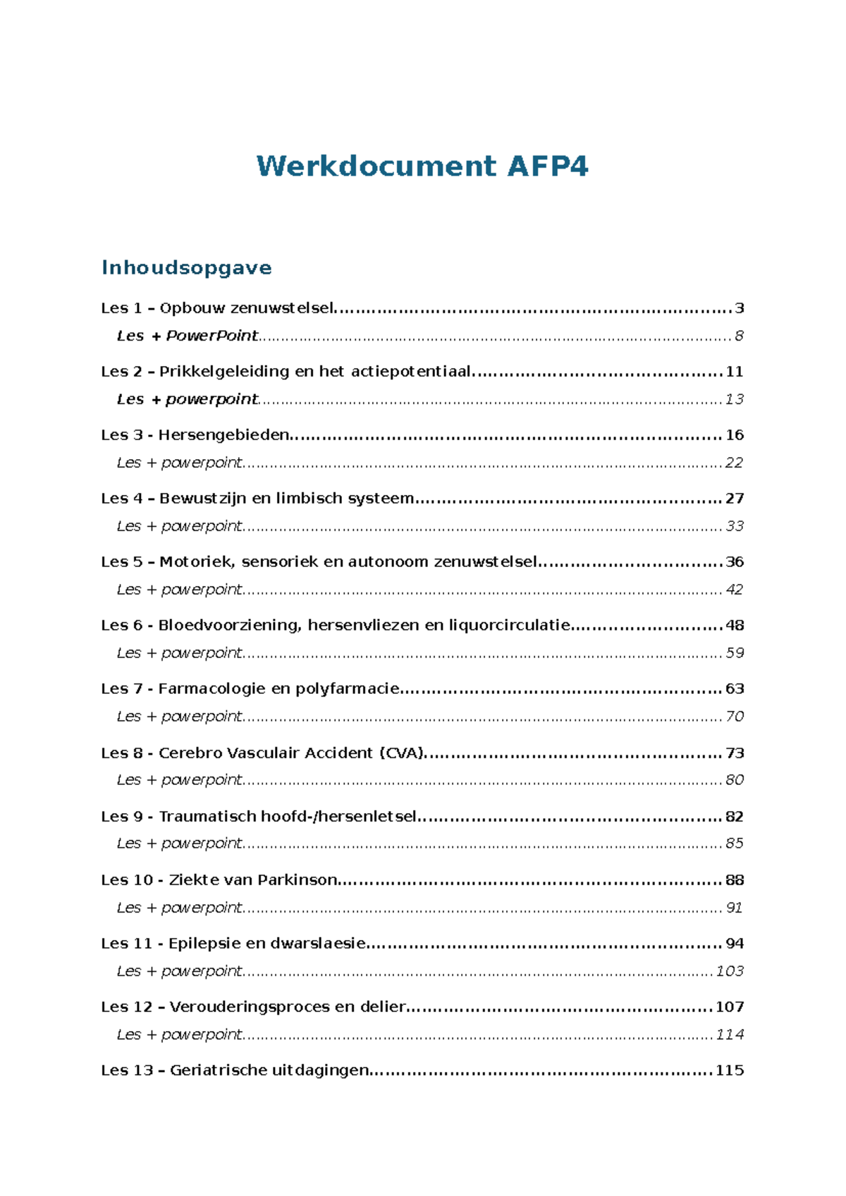 Werkdocument AFP4 - Lesvoorbereidingen en PowerPoints Zenuwstelsel ...