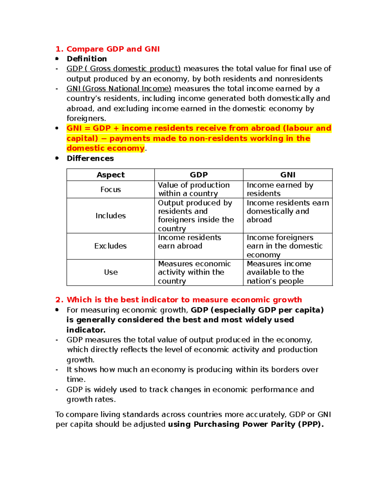 GDP vs GNI: Definitions and Economic Growth Indicators - Studocu
