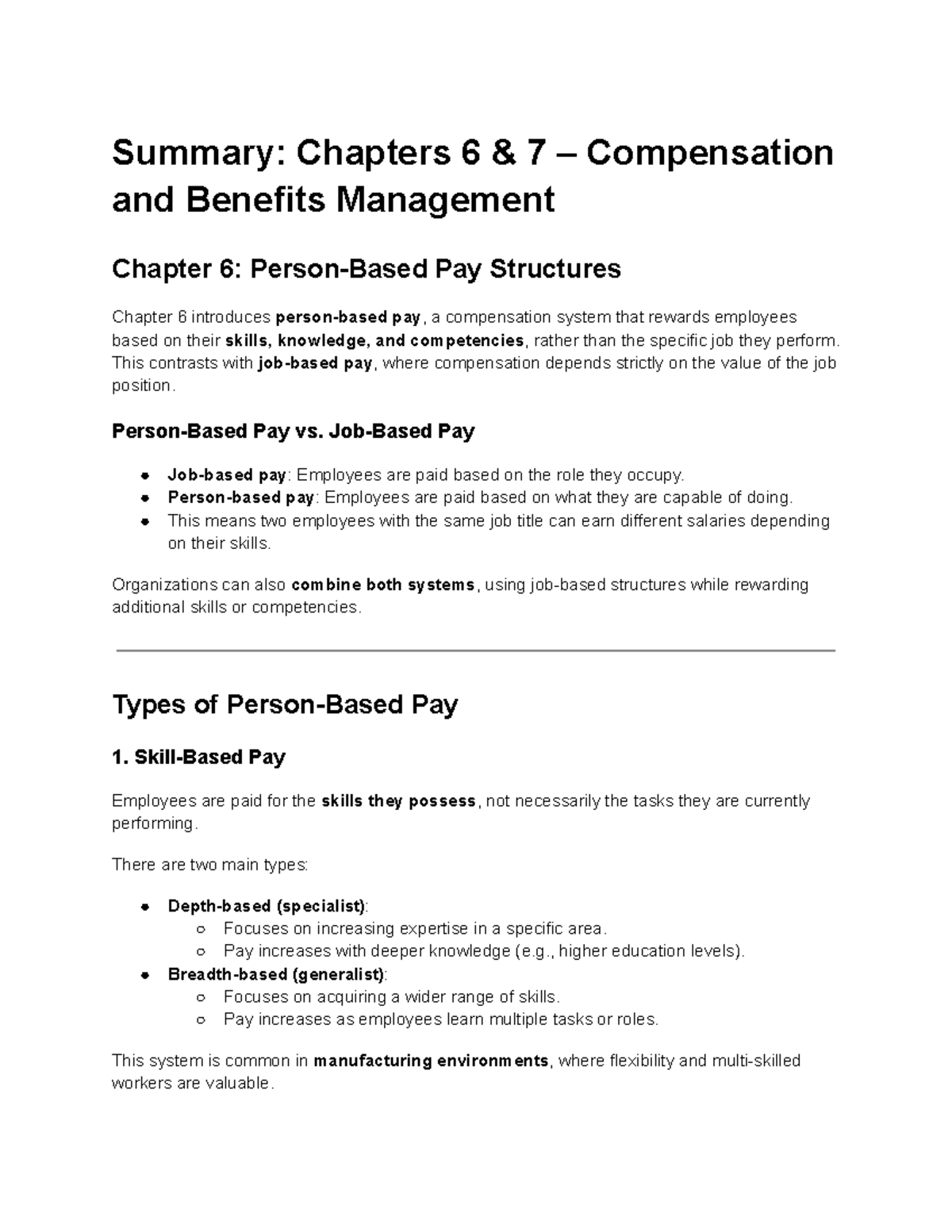 Chapters 6 & 7 Summary: Compensation & Benefits Management Notes - Studocu