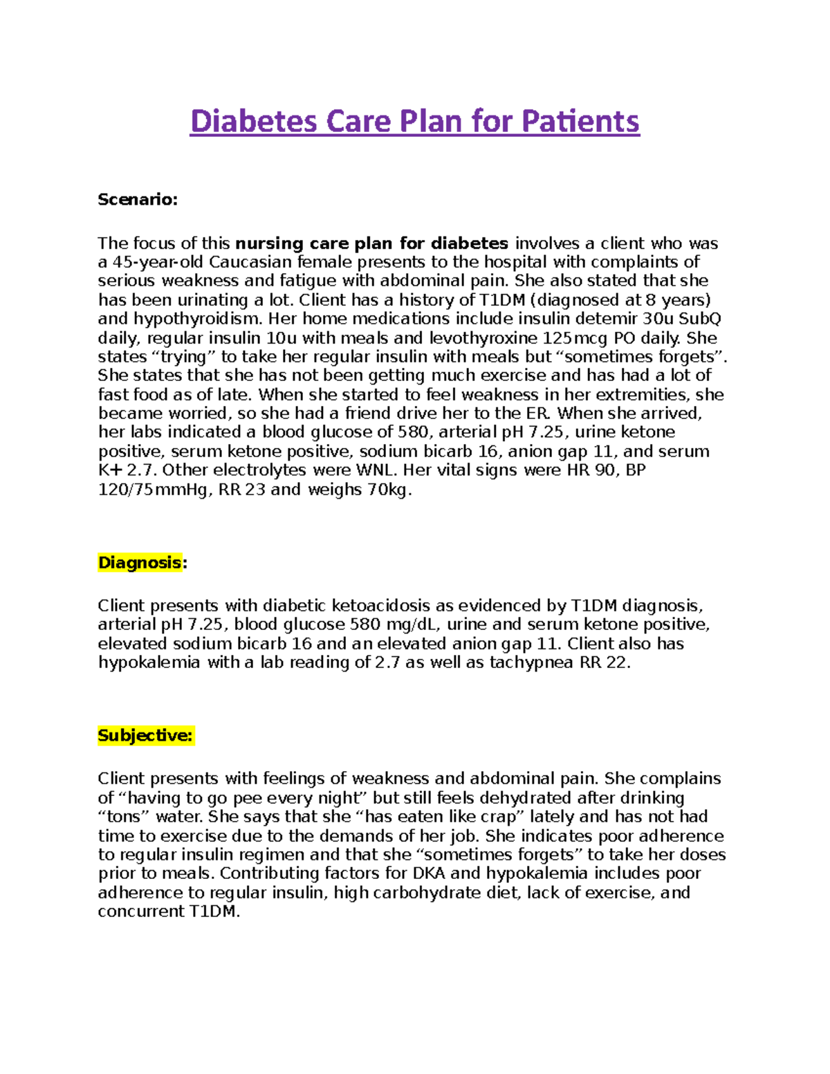 Diabetes Care Plan for T1DM Patient: DKA Management and Interventions ...