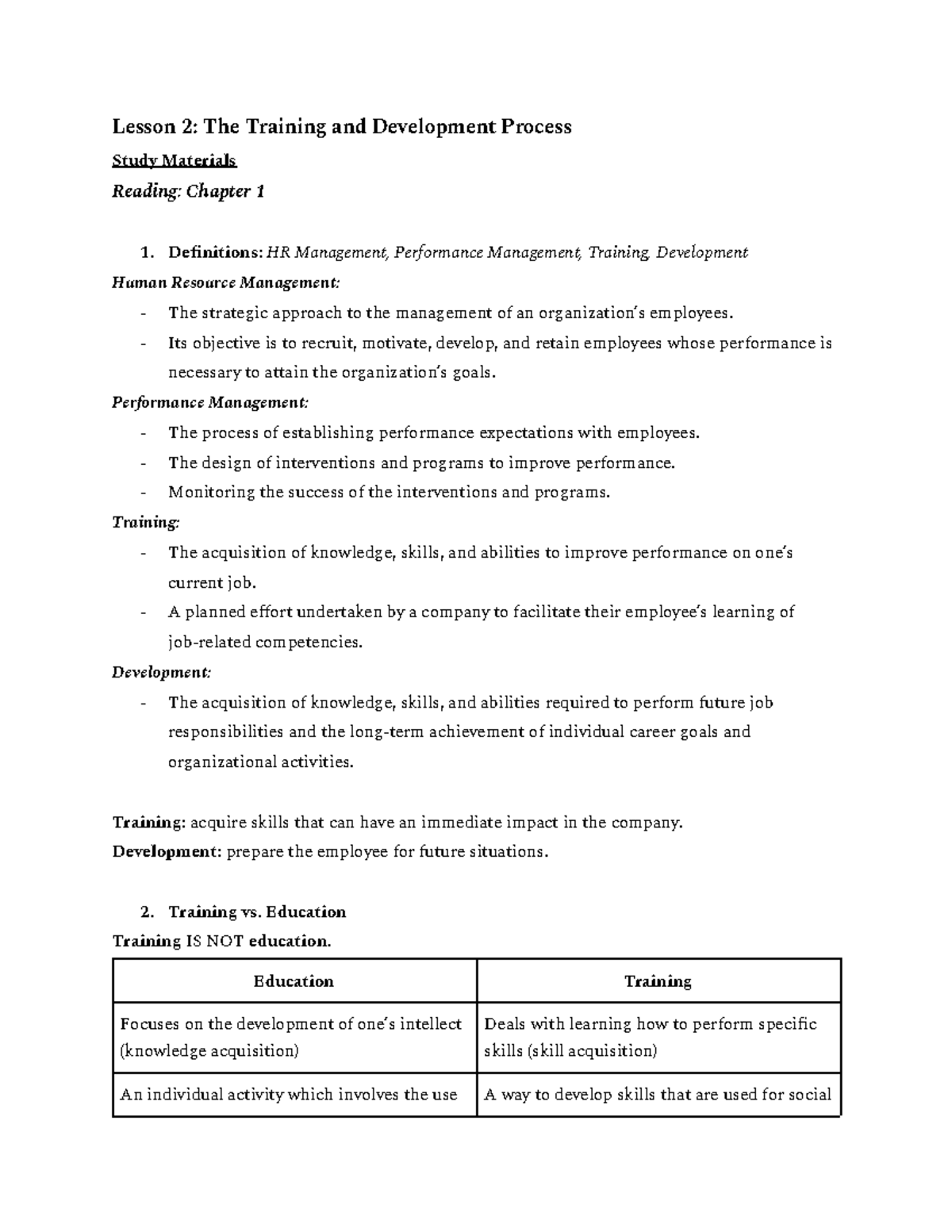EDUC240 Lesson 2-4 Notes - Lesson 2: The Training and Development ...