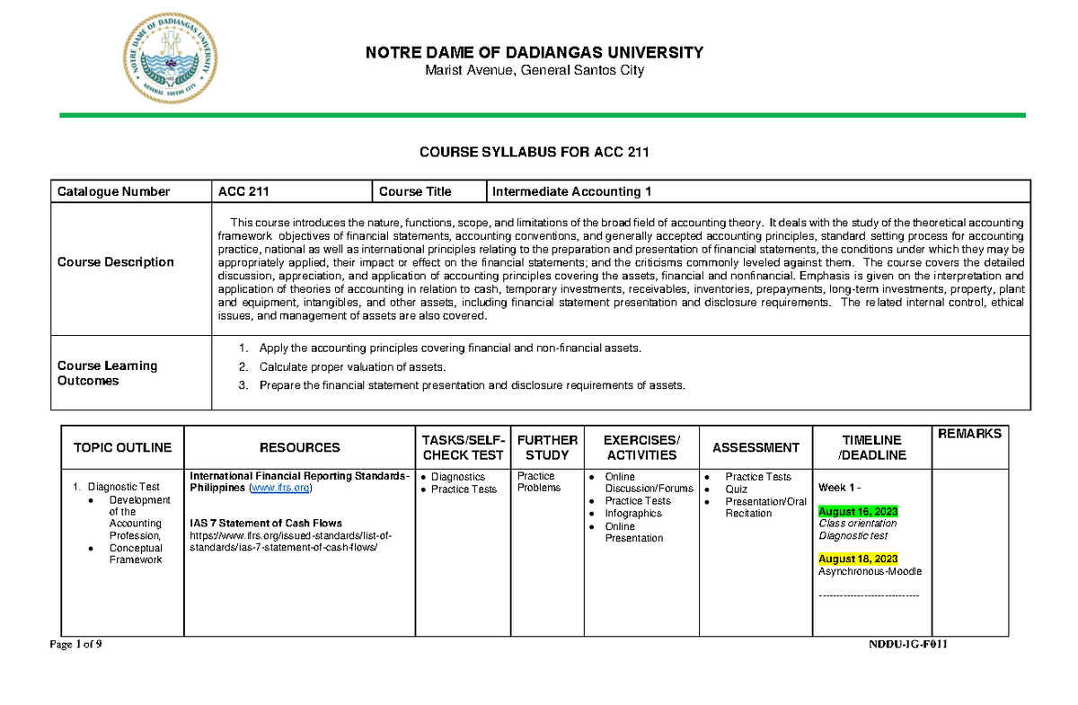 Course Syllabus for ACC 211: Intermediate Accounting 1 (1st Sem 2023 ...