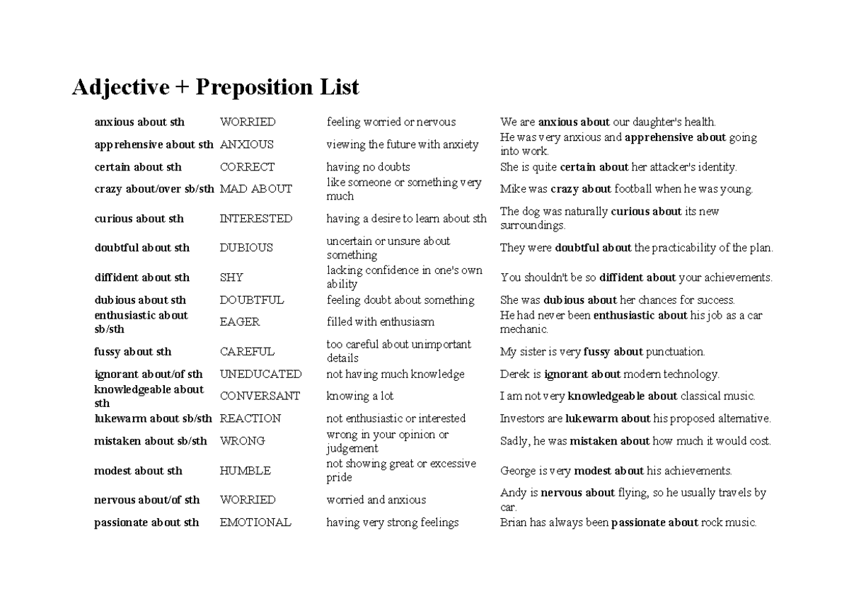 Adjective Preposition List - AP24 Vocabulary Section - Studocu