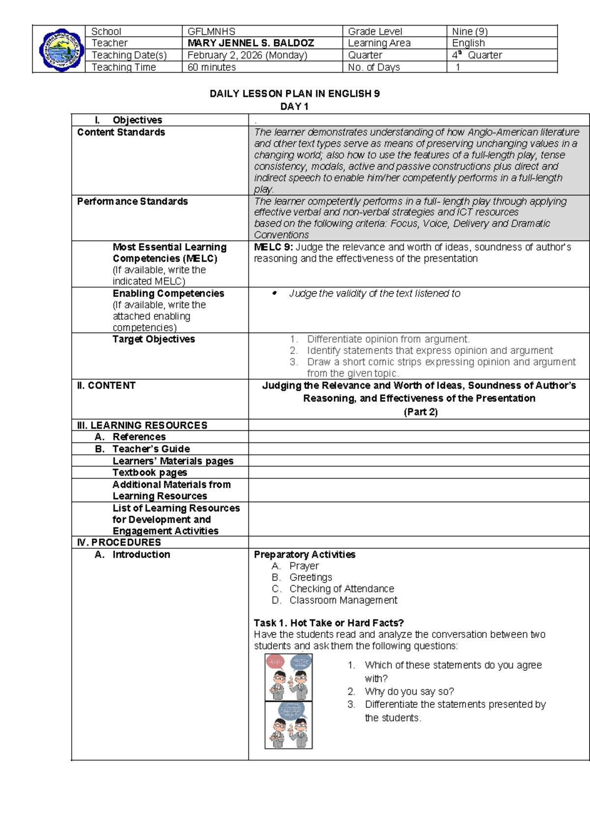 Daily Lesson Plan in English 9: Understanding Arguments & Fallacies (Q4 ...