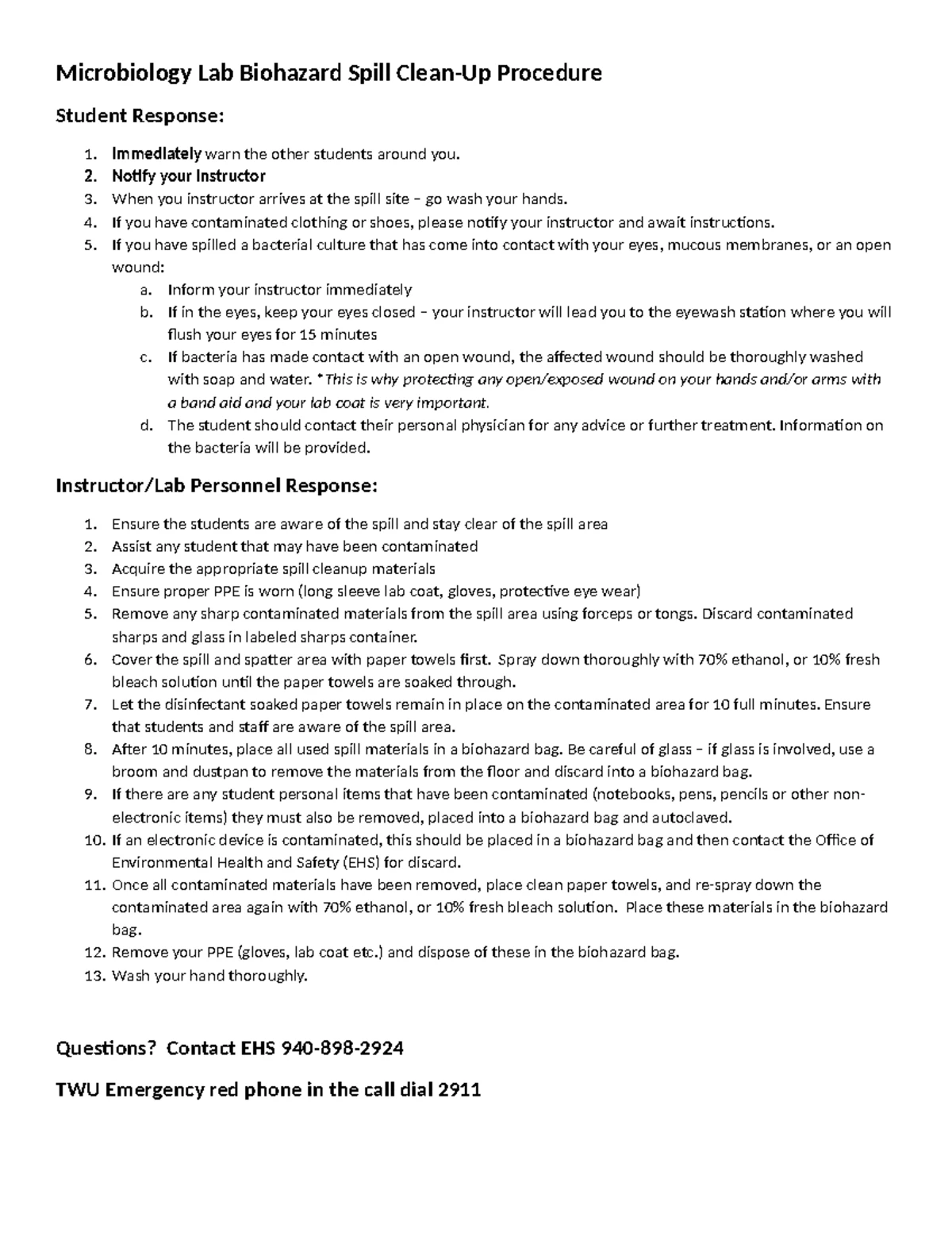 Microbiology Lab Orientation & Safety Guidelines (Fall 2024 - TWU MICRO ...