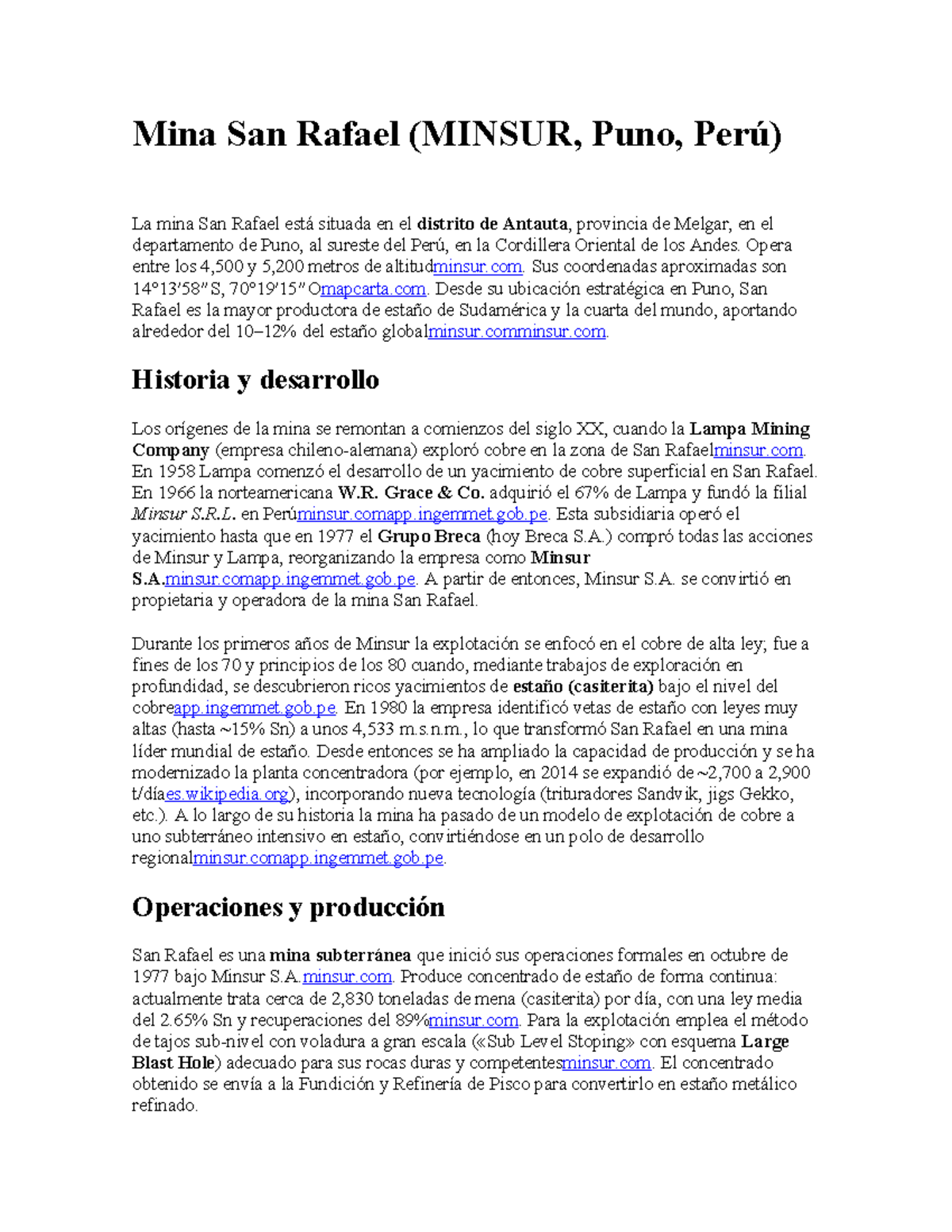 Mina San Rafael: Historia, Operaciones y Responsabilidad Social (MINSUR ...