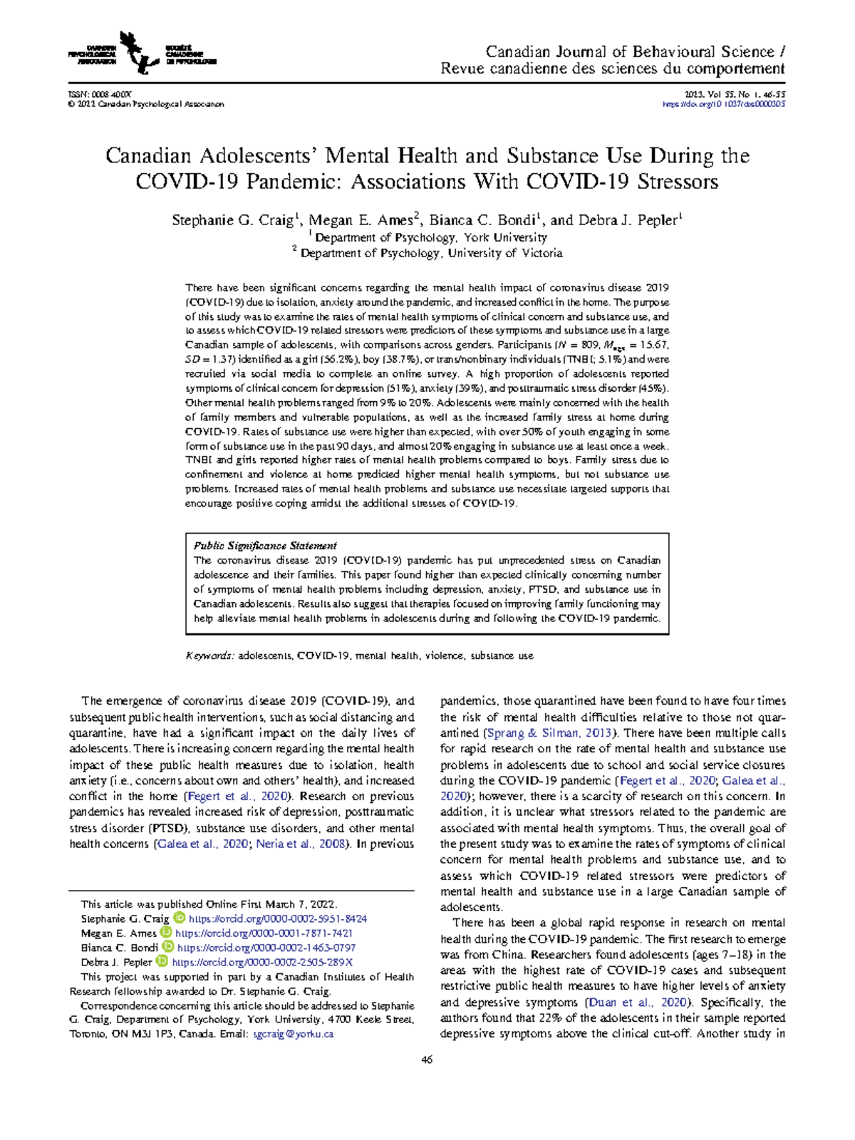 Mental Health and Substance Use in Canadian Adolescents During COVID-19 ...