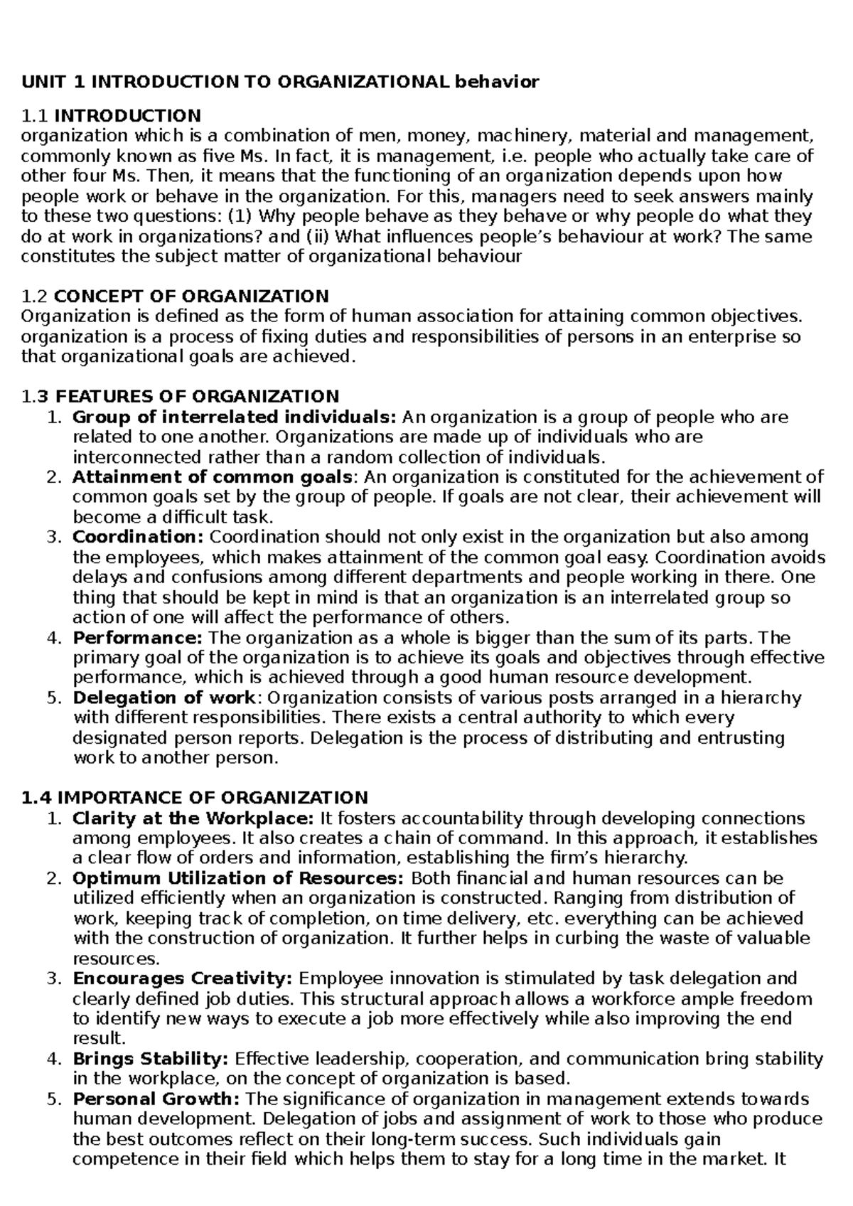 Organizational Behavior (OB) Notes: Unit 1 Overview and Key Concepts ...