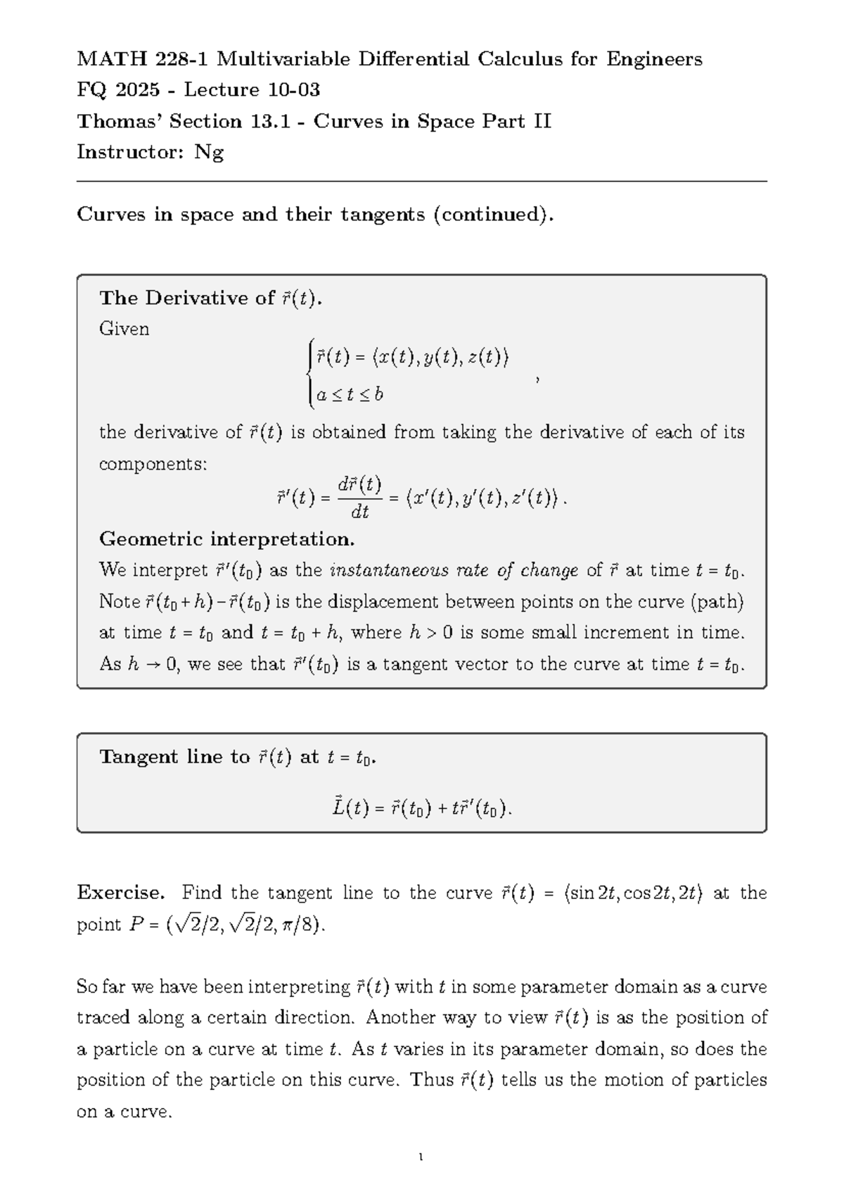 MATH 228-1 FQ 2025 Lecture Notes: Curves in Space & Motion - Studocu