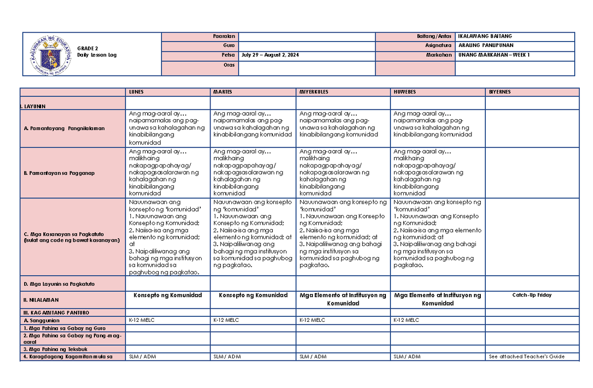 AP 2 DLL Q1 WEEK 1 - study - GRADE 2 Daily Lesson Log Paaralan Baitang ...