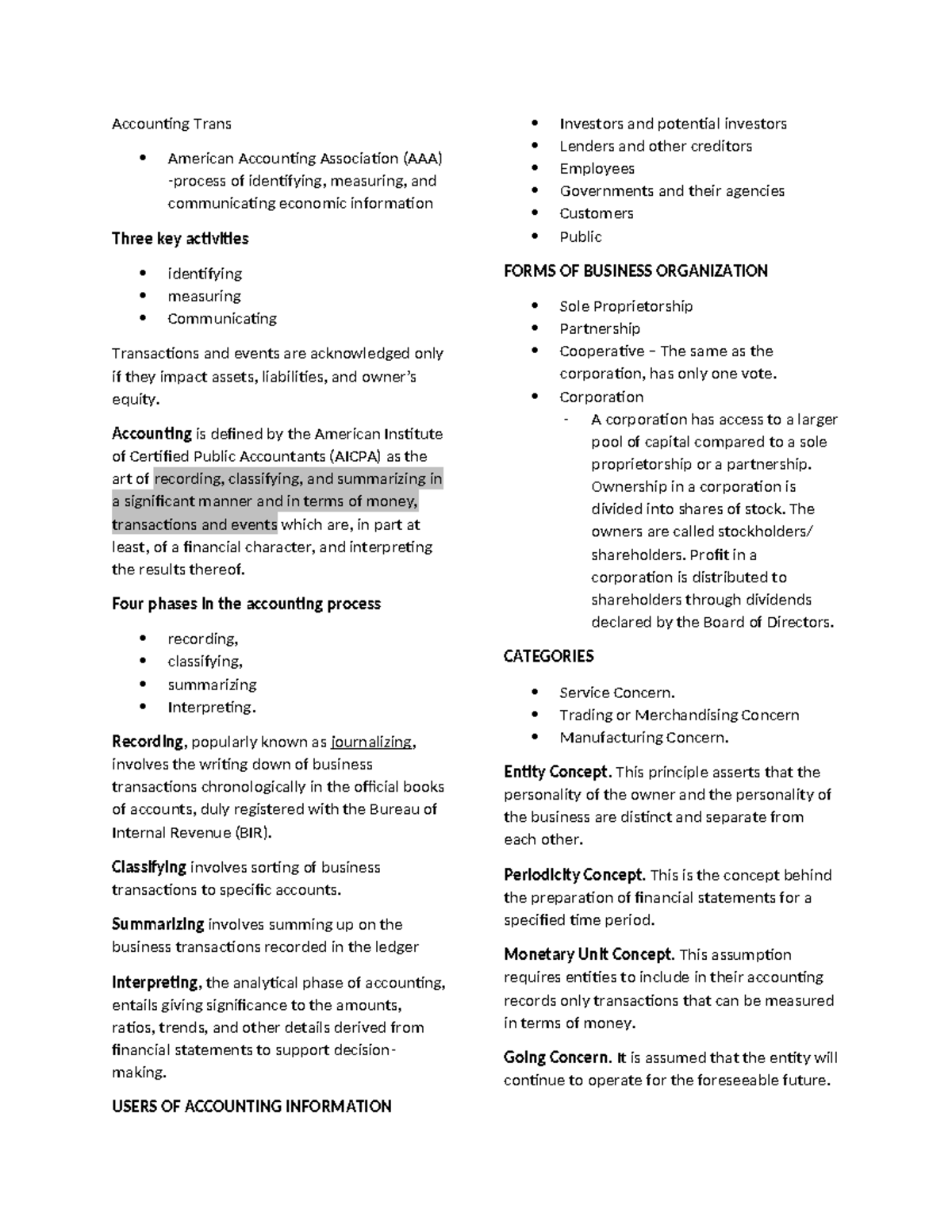 Accounting 101: Key Concepts and Principles Review - Studocu