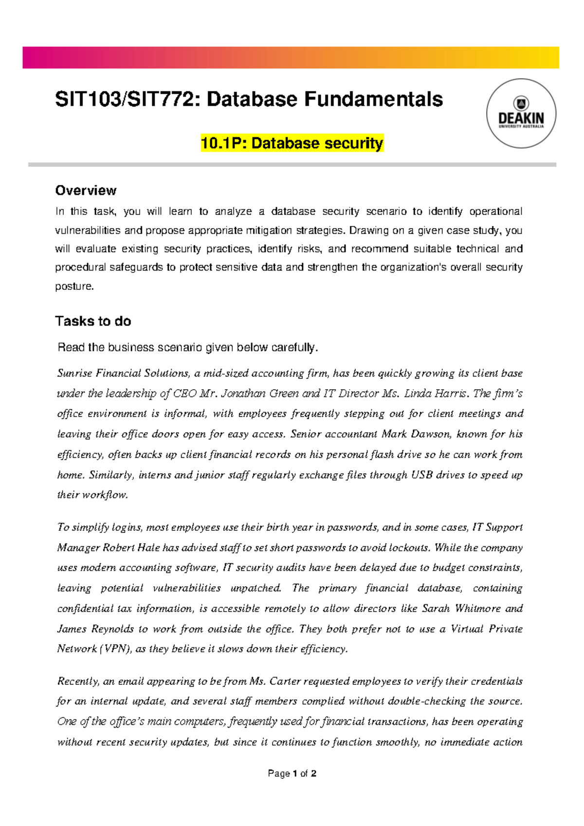 Database Fundamentals 10.1P: Analyzing Database Security Risks - Studocu