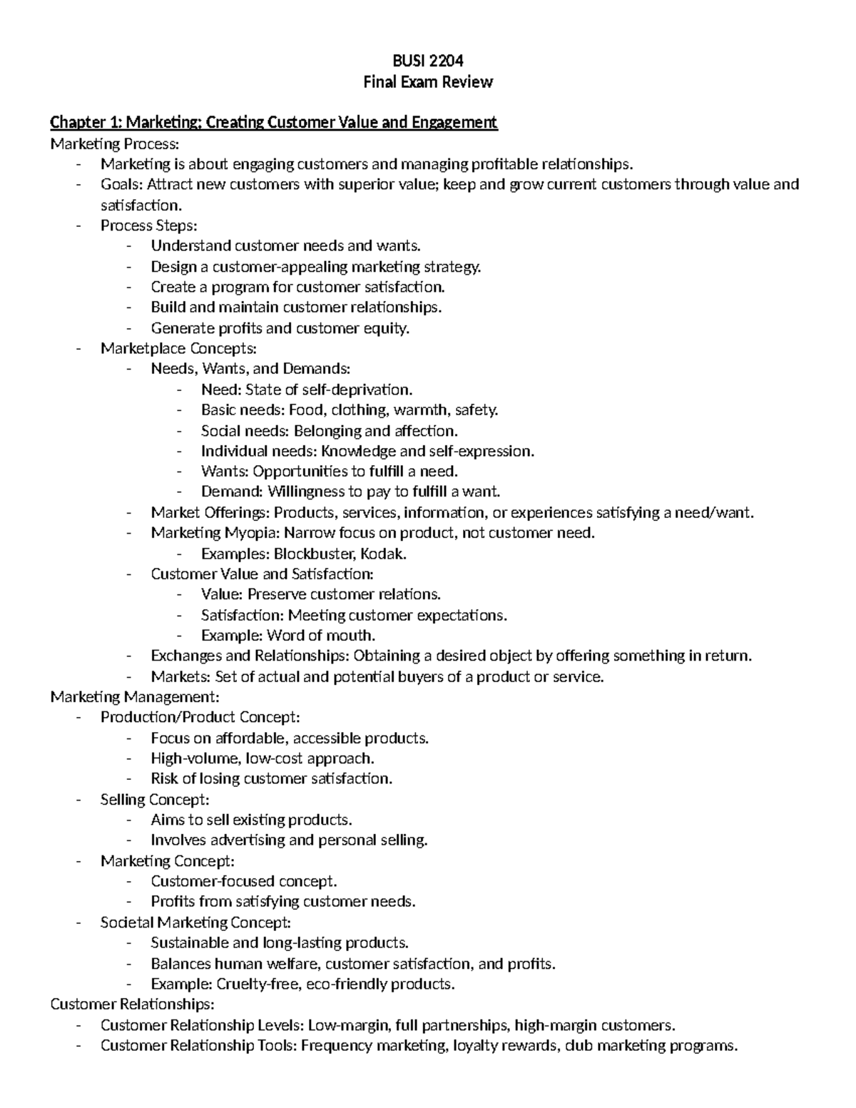 BUSI 2204 - Comprehensive Final Exam Review Notes on Marketing Concepts ...