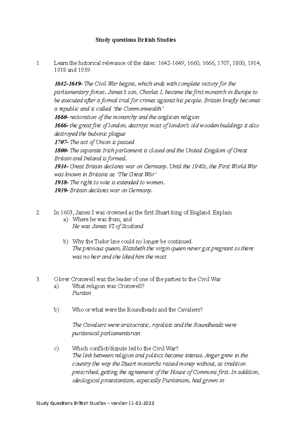 Lesson 3 - British Studies Study Questions on Historical Figures ...