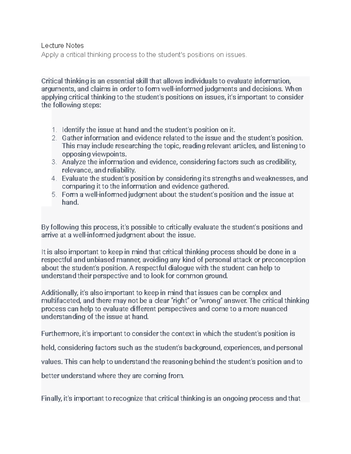 PHIL243 Lecture Notes: Applying Critical Thinking to Student Positions ...