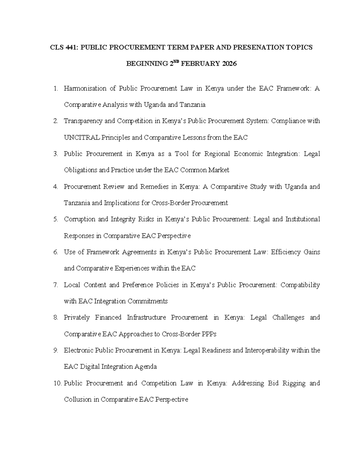 CLS 441: Public Procurement Law Term Paper Topics for 2026 - Studocu