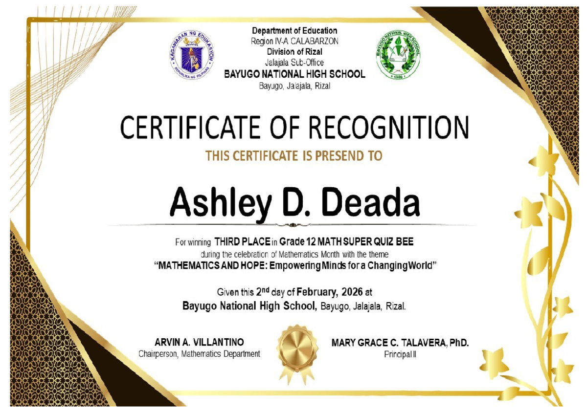 Math Super Quiz Bee Certificates 2026 - Bayugo National High School ...