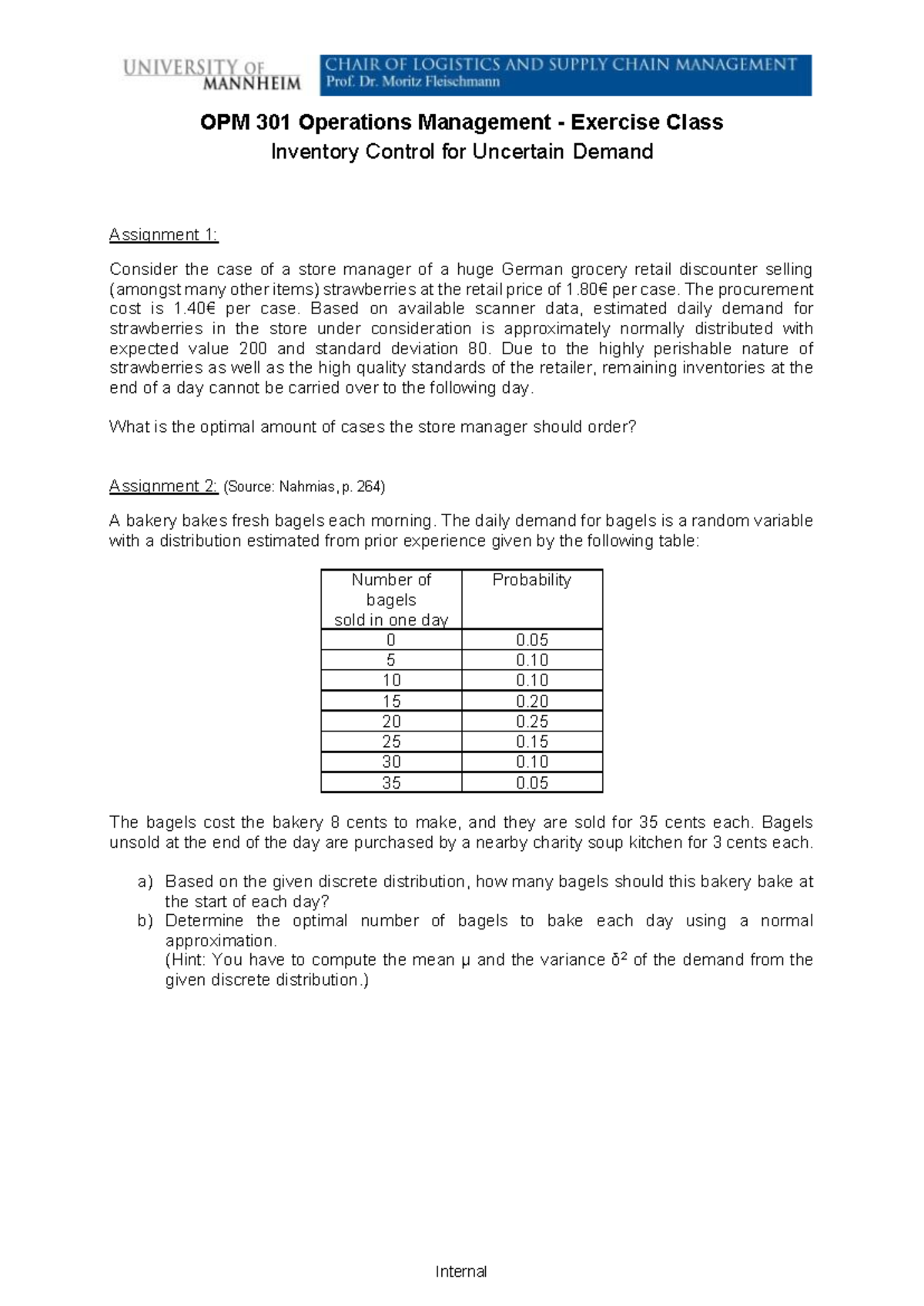 OPM 301 Exercise Class: Inventory Control for Uncertain Demand - Studocu