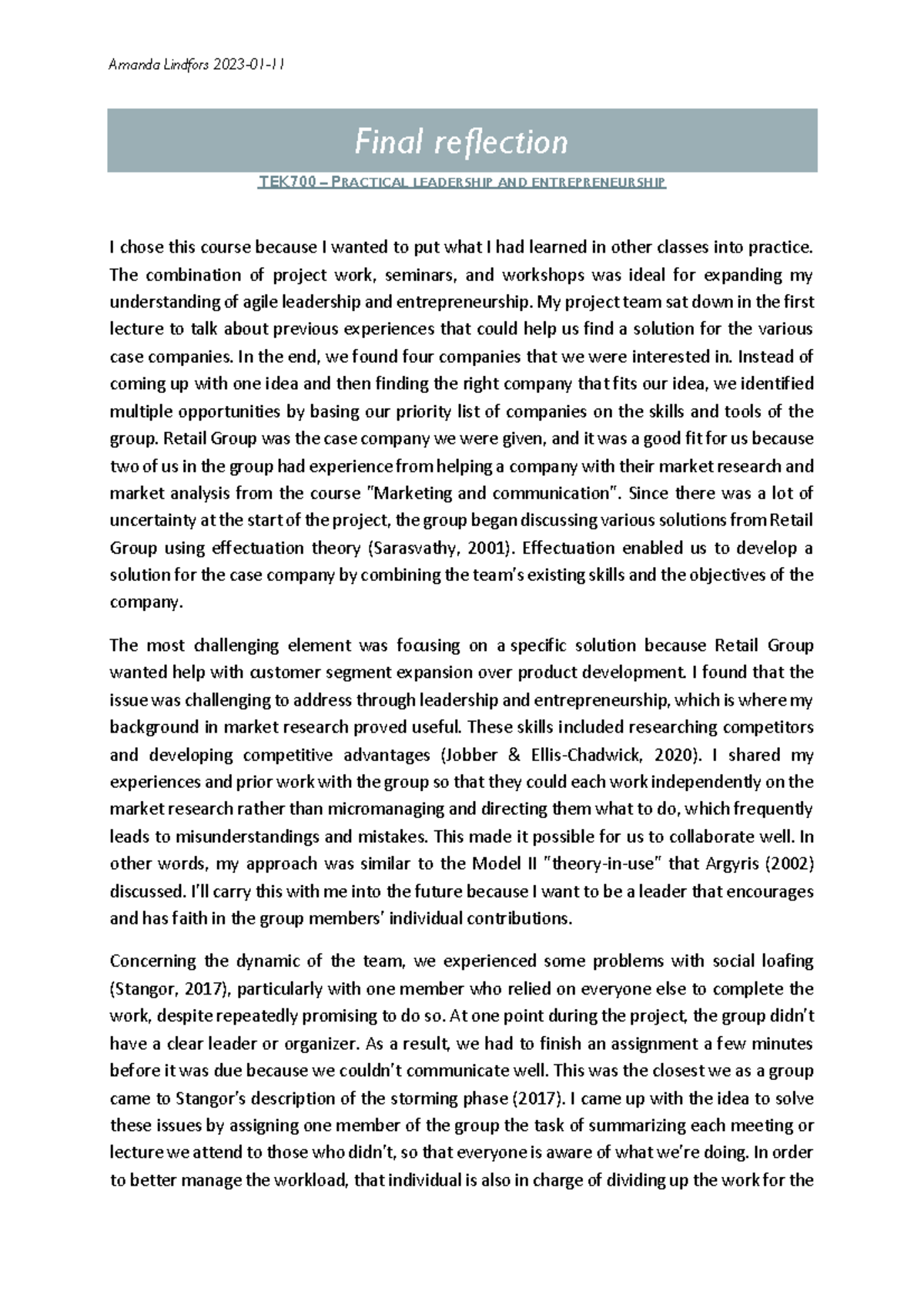 Final Reflection on TEK700: Practical Leadership & Entrepreneurship ...