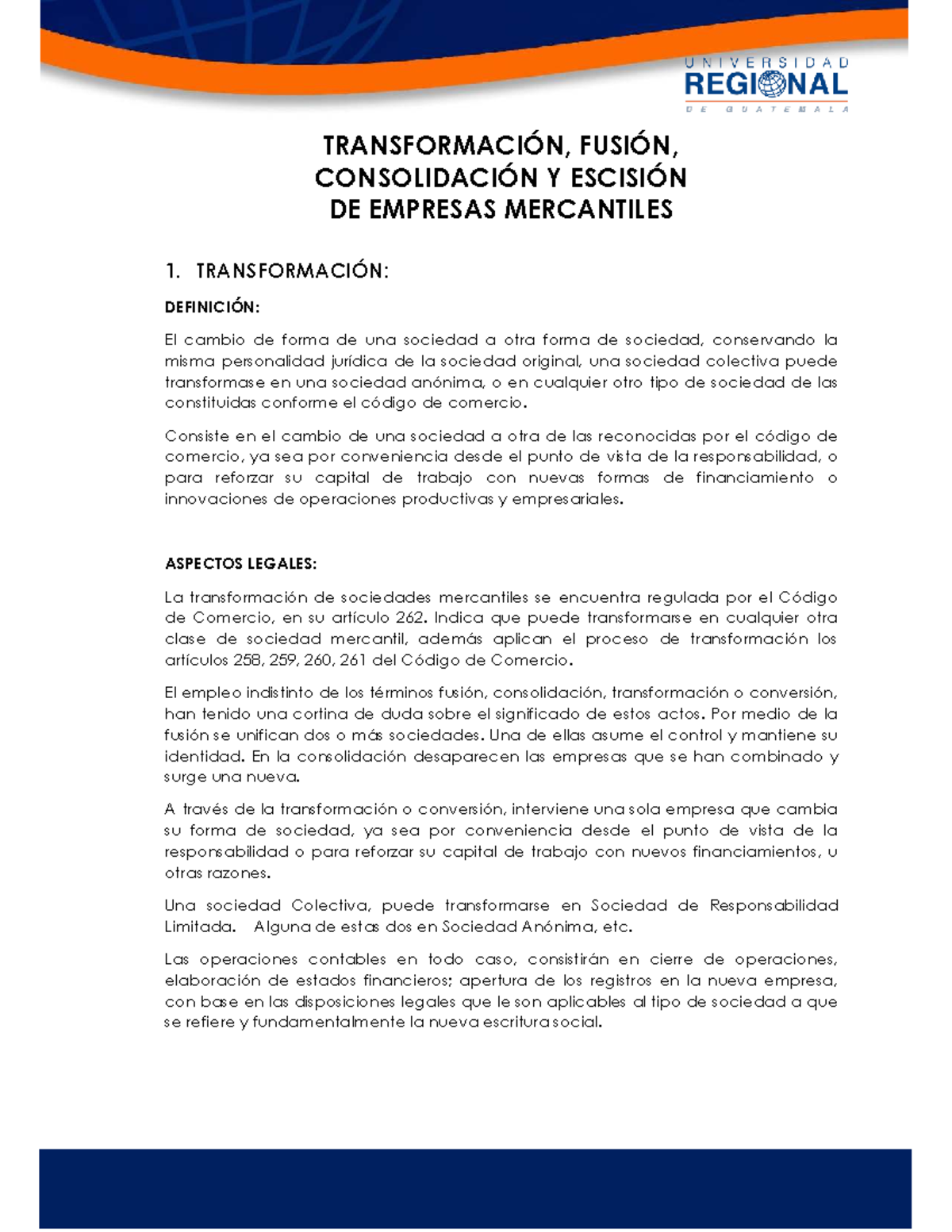 Teoría sobre Transformación, Fusión y Escisión de Sociedades ...