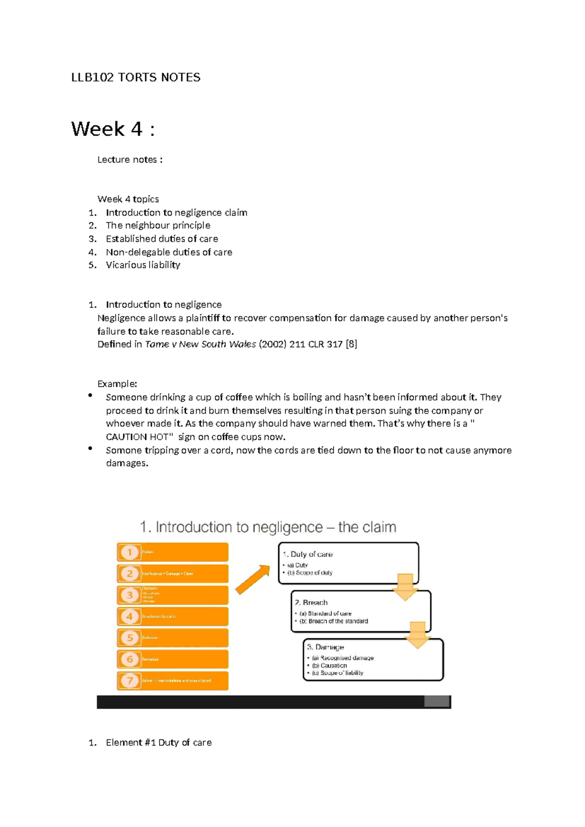 LLB102 TORTS NOTES Week 4: Negligence & Duty of Care Overview - Studocu