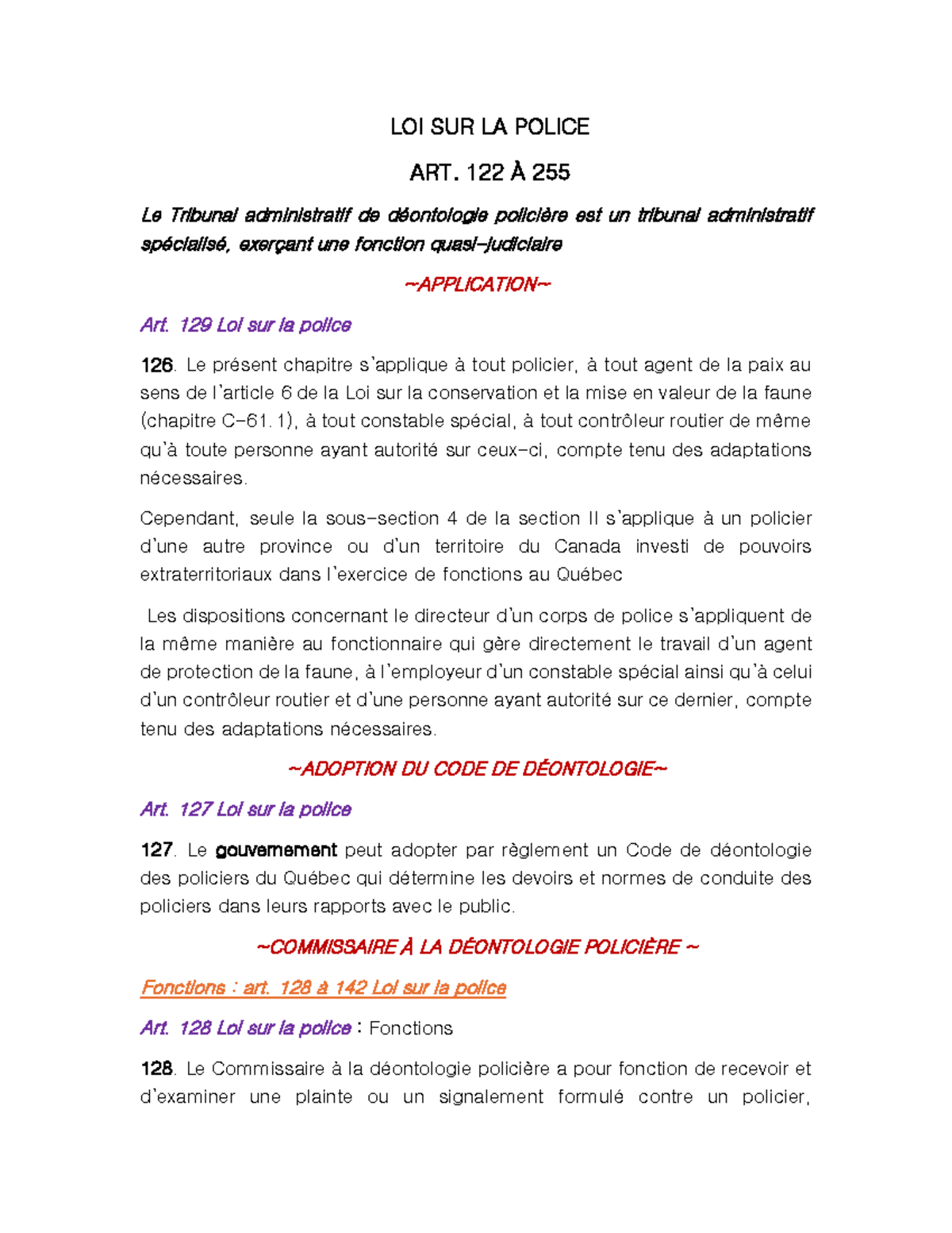 Loi sur la Police : Déontologie et Procédures Administratives (Art. 122 ...