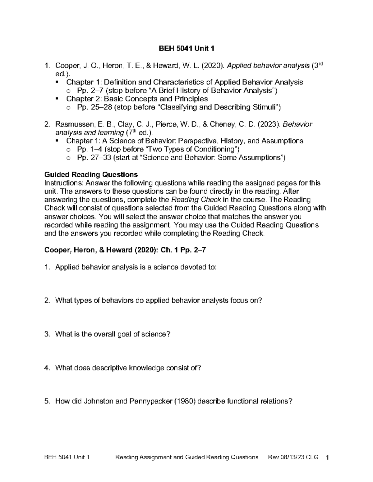 BEH 5041 Unit 1 Guided Reading Questions & Key Reading Points - Studocu