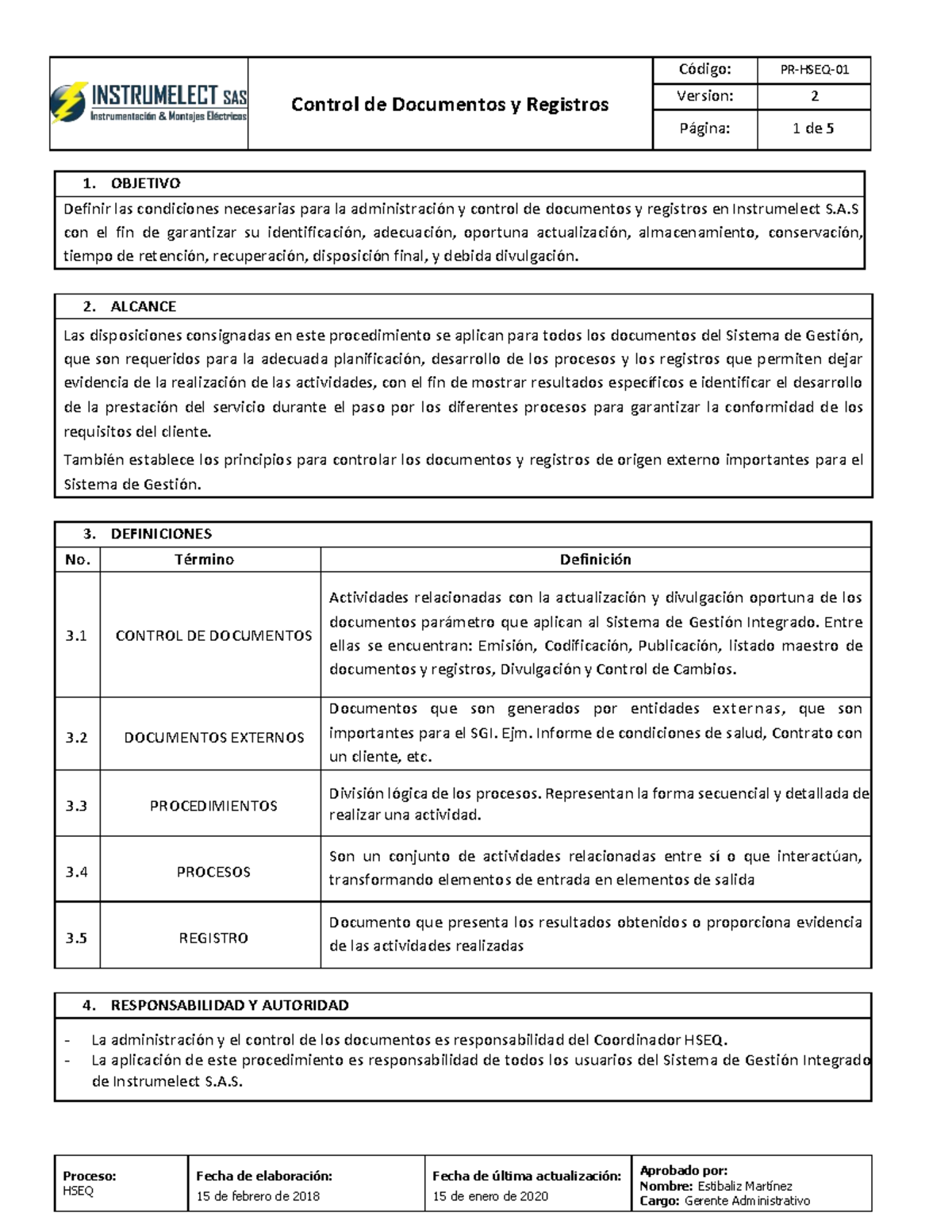Procedimiento de Control de Documentos y Registros - Versión 2 - Studocu