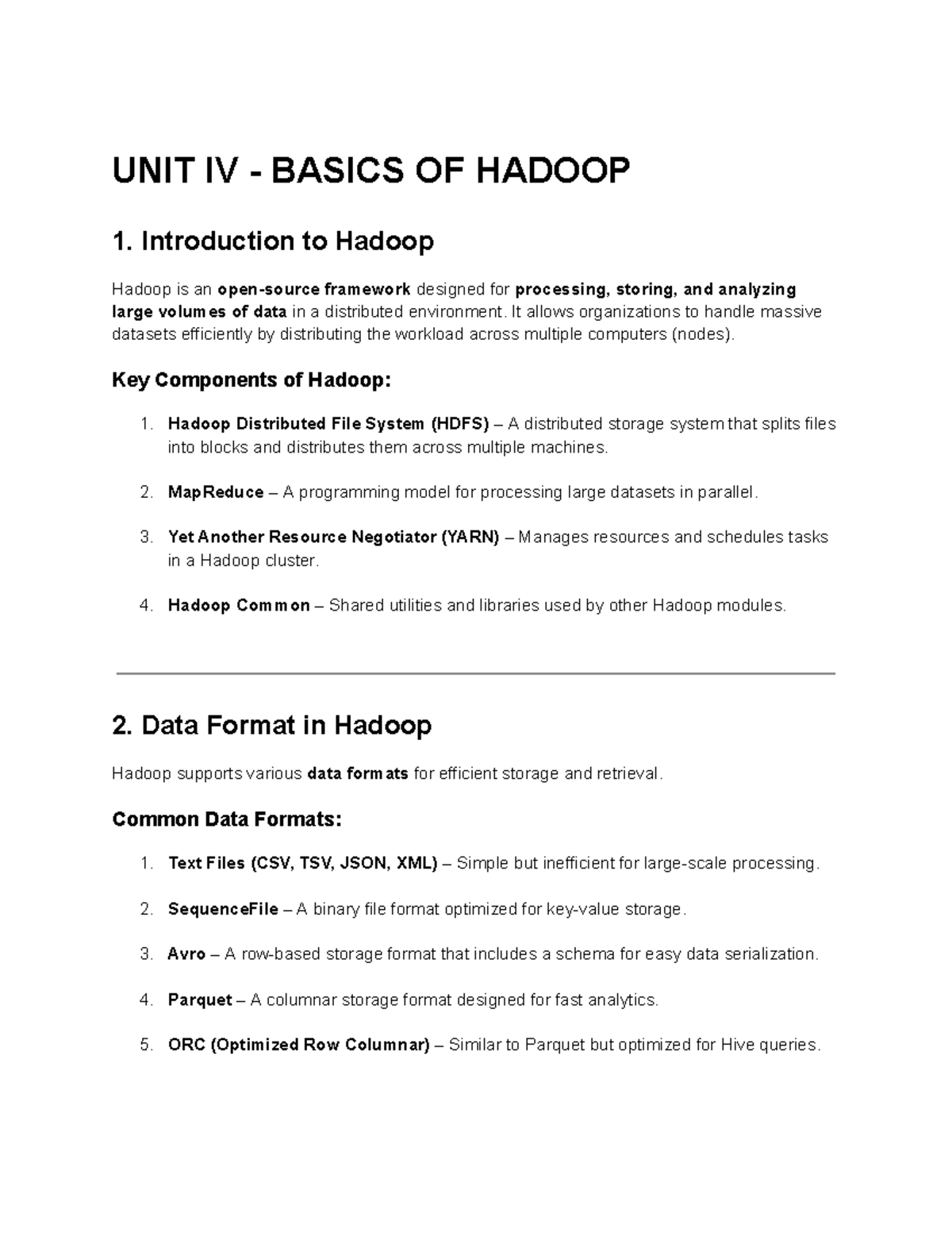 unit 4 notes 1 - UNIT IV - BASICS OF HADOOP 1. Introduction to Hadoop ...