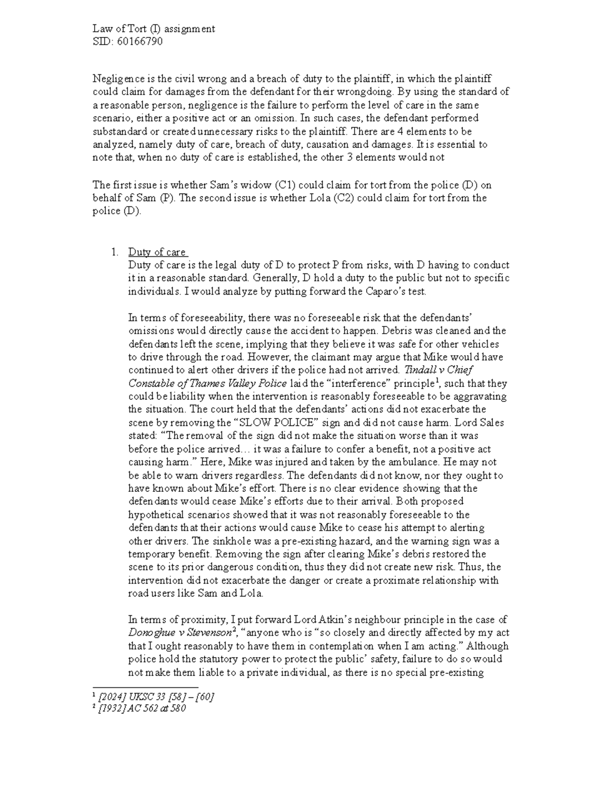 Tort Law (I) Assignment: Analyzing Negligence and Duty of Care - Studocu
