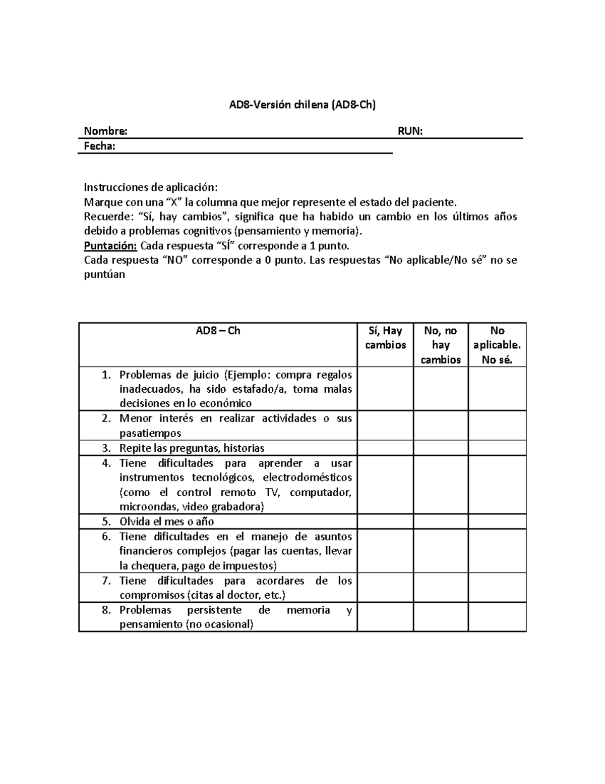 Pauta de Evaluación AD8-Ch para Deterioro Cognitivo en Pacientes - Studocu
