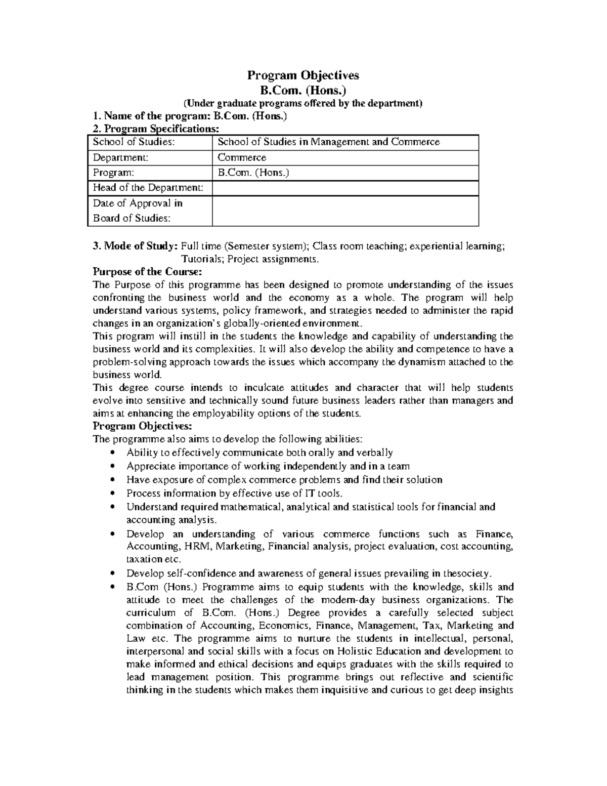 B.Com. (Hons.) Program Objectives and Course Outcomes Summary - Studocu
