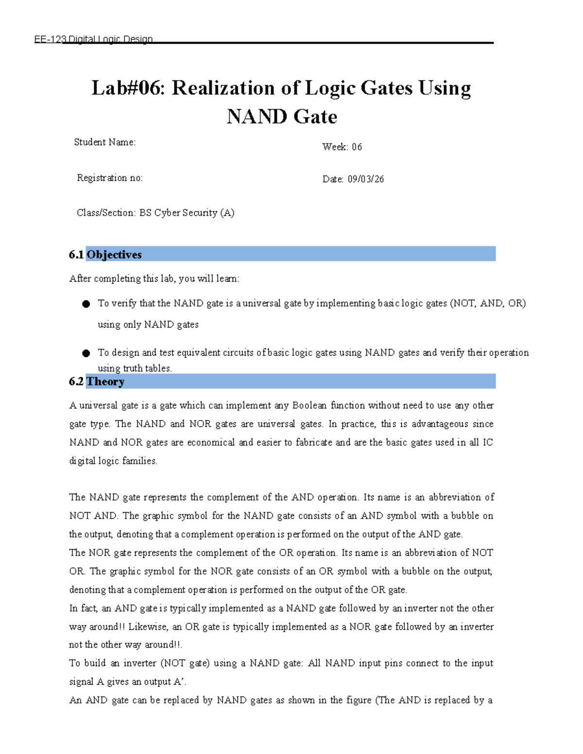 Digital Logic Design Lab: Realizing Logic Gates with NAND Gates (BS ...