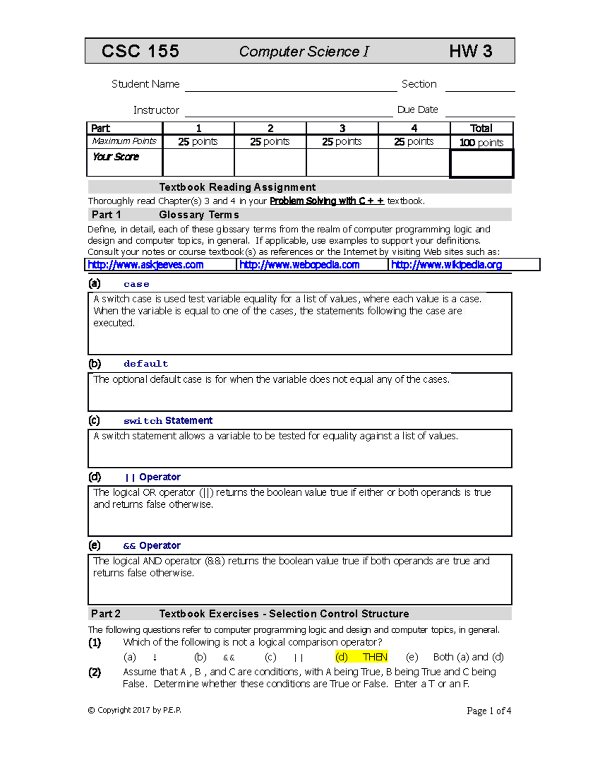 Home Work 3 - Assignment - CSC 155 HW 3 Computer Science I Student Name ...
