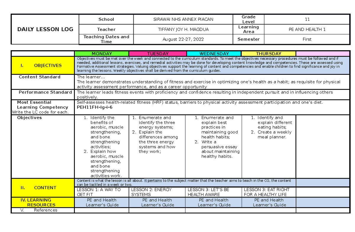Daily Lesson Log for PE and Health 11 (August 22-27, 2022) - Studocu