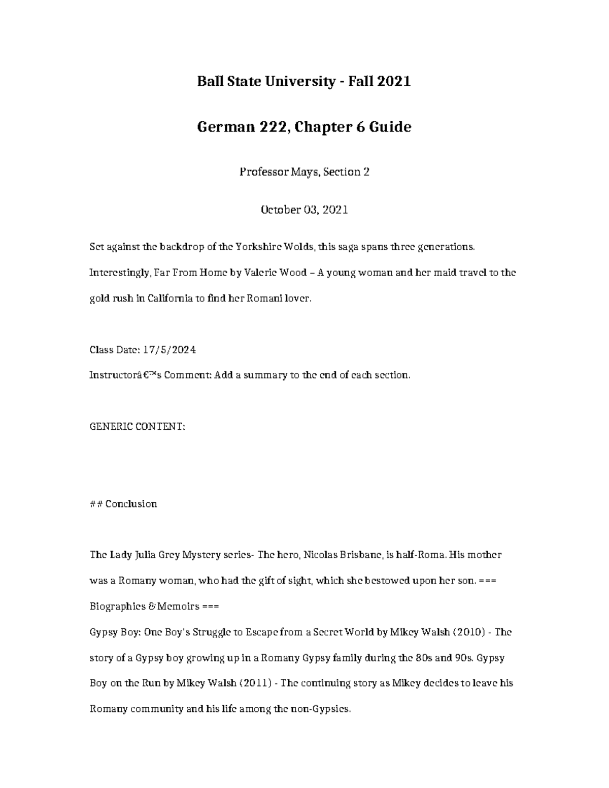 German 222 Chapter 6 Guide - Ball State University - Fall 2021 German ...