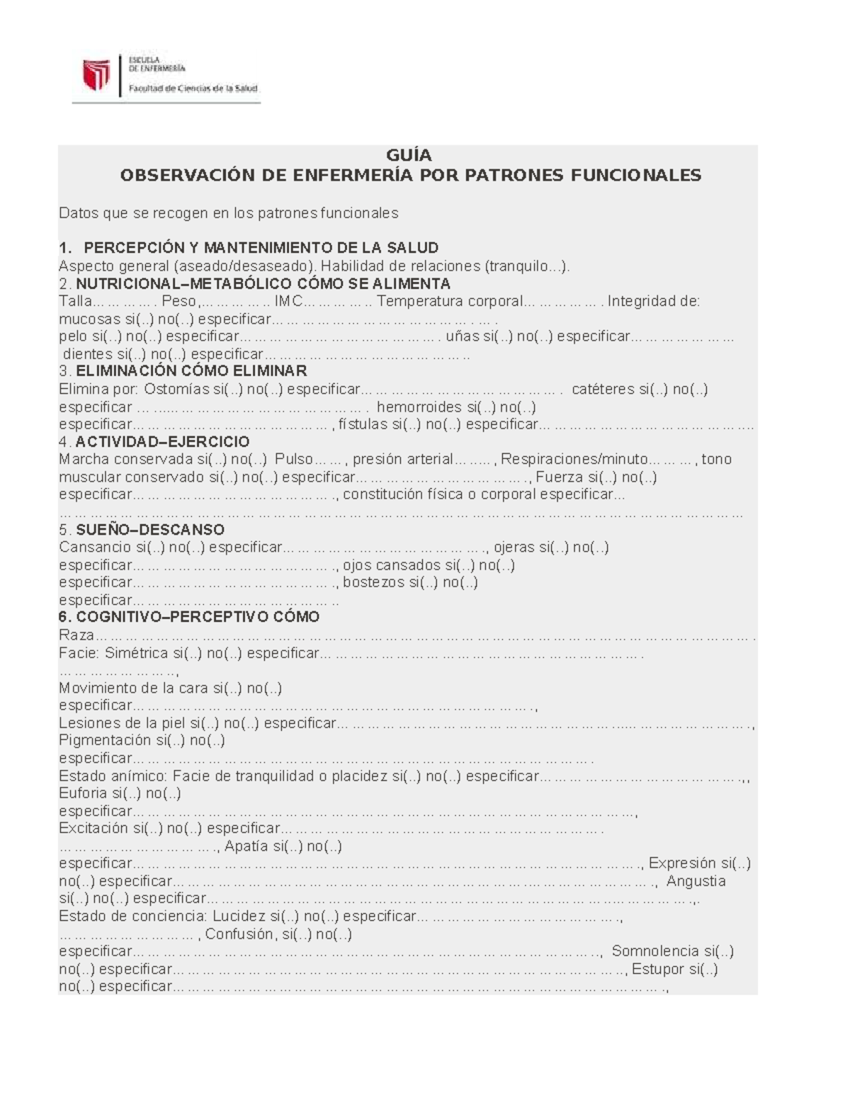 GUÍA DE OBSERVACIÓN DE ENFERMERÍA POR PATRONES FUNCIONALES - CASO CLÍNICO - Document Preview